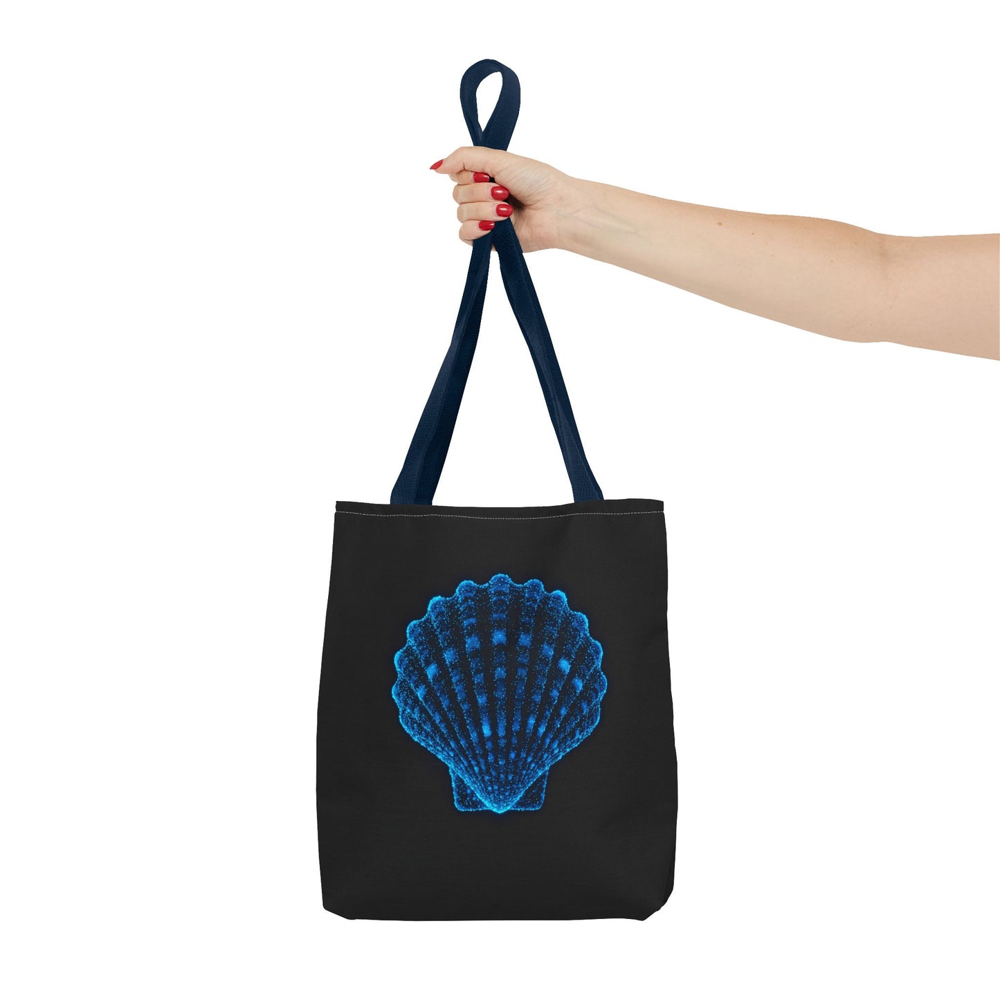 Neon Blue Shell Tote Bag – Digital Scallop Design Canvas Tote, Ocean Tech Art, Minimalist Beach Statement, Reusable Black Shopper Bag