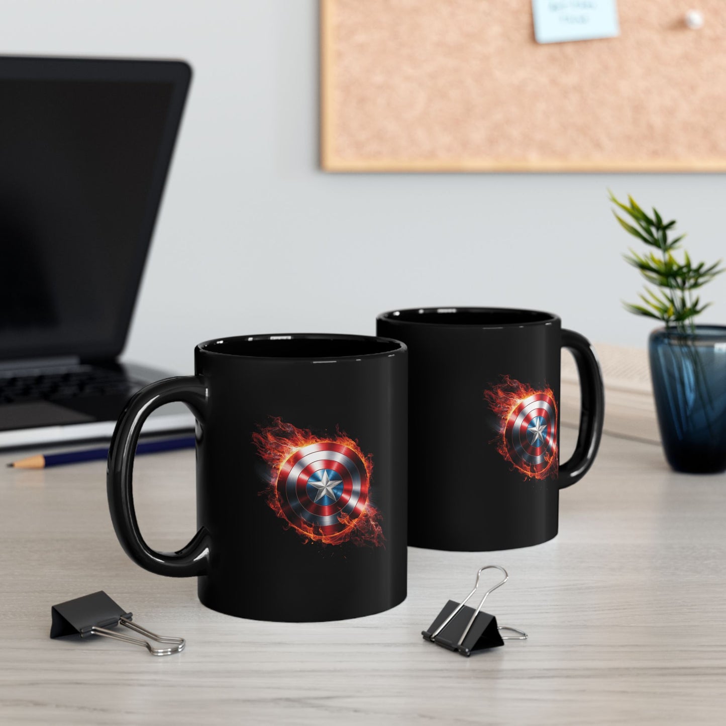 Flaming Shield Emblem Mug - Fiery Red White Blue Star Coffee Cup, Metal-Inspired Symbol Design, Bold Hero Vibes Gift for Fans and Coffee Lovers