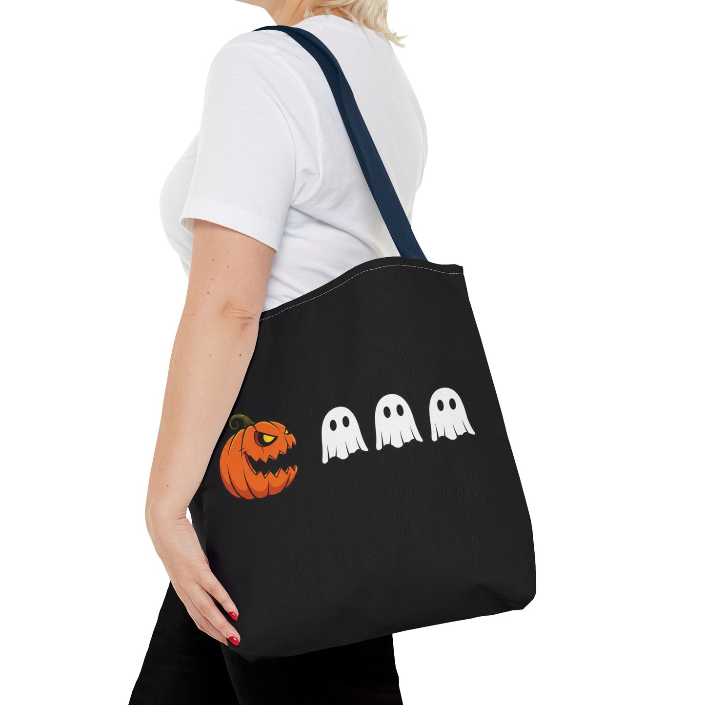 Halloween pumpkin ghost tote bag, spooky trick or treat canvas bag, ghost pumpkin design reusable tote, spooky season gift tote
