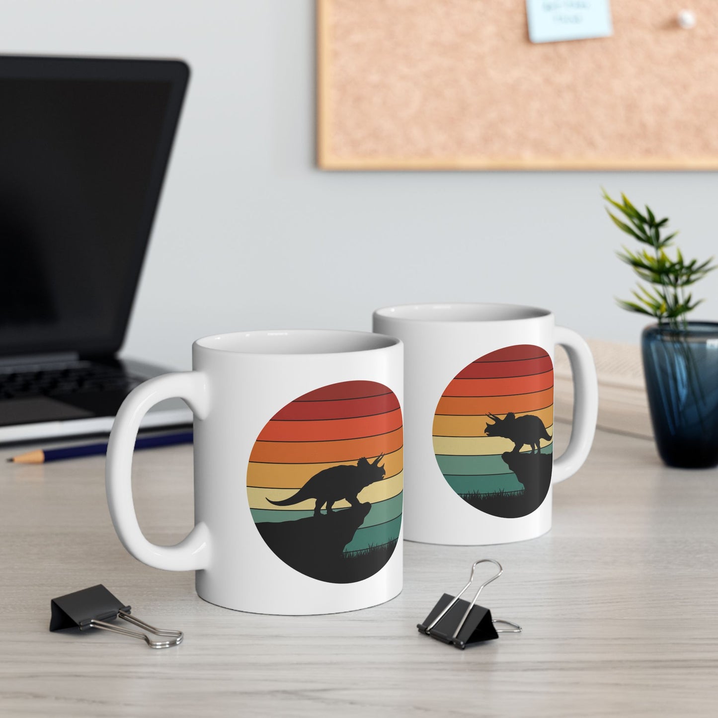 Dinosaur Sunset Mug - Triceratops Retro Coffee Cup - 80s Vintage Dino Mug Gift - Prehistoric Art Mug - Funny Dino Lover Gift 11oz or 15oz