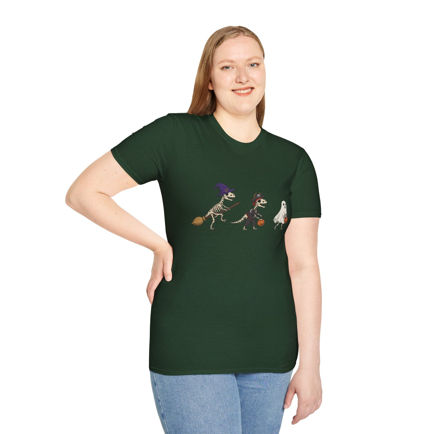 Halloween Dinosaur Skeleton Shirt - Trick-or-Treat Dino Tee, Funny T-Rex Ghost and Witch Costume Shirt, Spooky Cute Skeleton Tee, Unisex