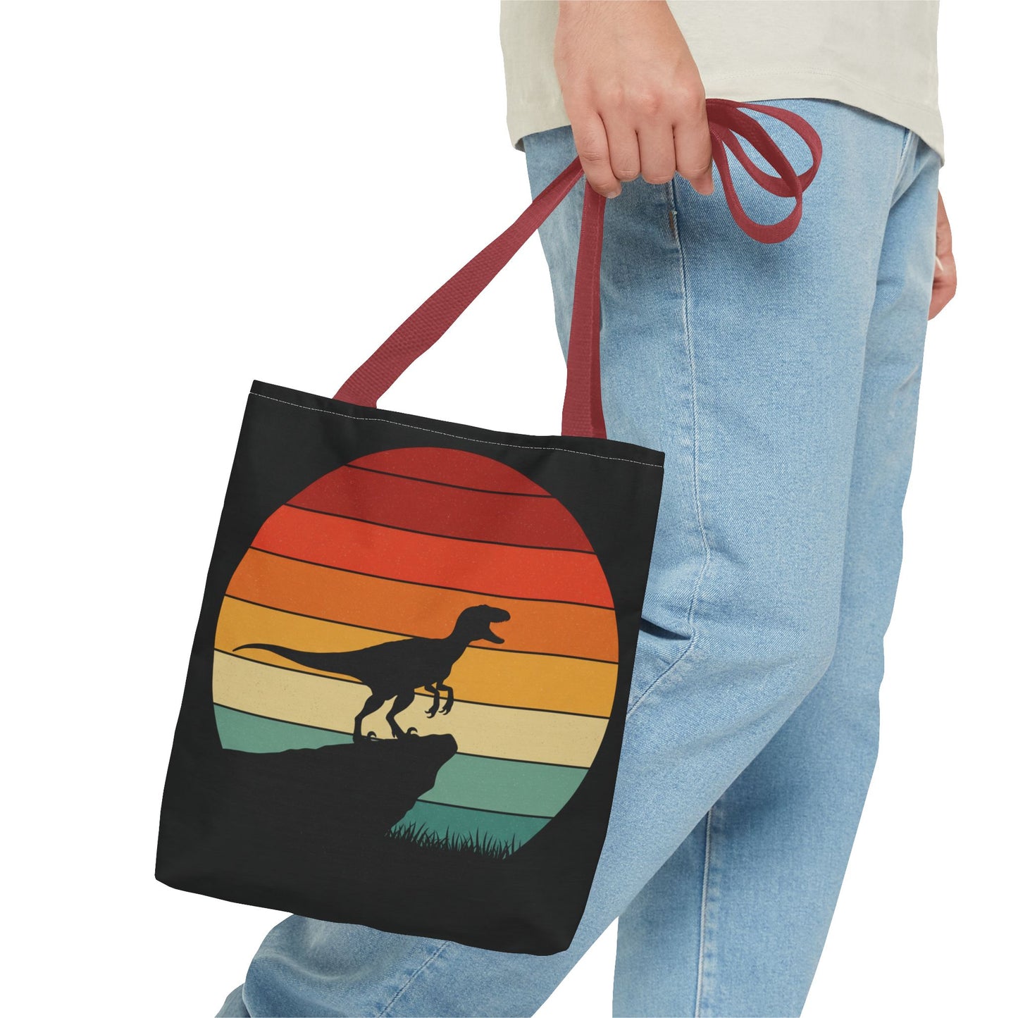 Retro Dino Sunset Tote Bag - Eco Canvas Dinosaur Beach Bag | Sustainable and Stylish Camping, Dino Lover Gift, Reusable Market Tote