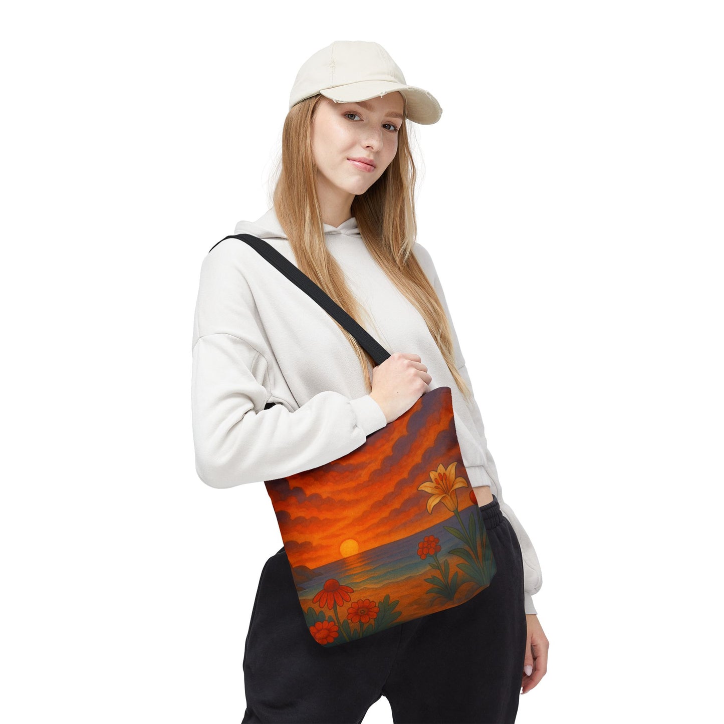 Retro Sunset Tote Bag with Wildflowers – Vibrant Floral Landscape Art, Nature-Inspired Reusable Bag, 70s Style Summer Accessory