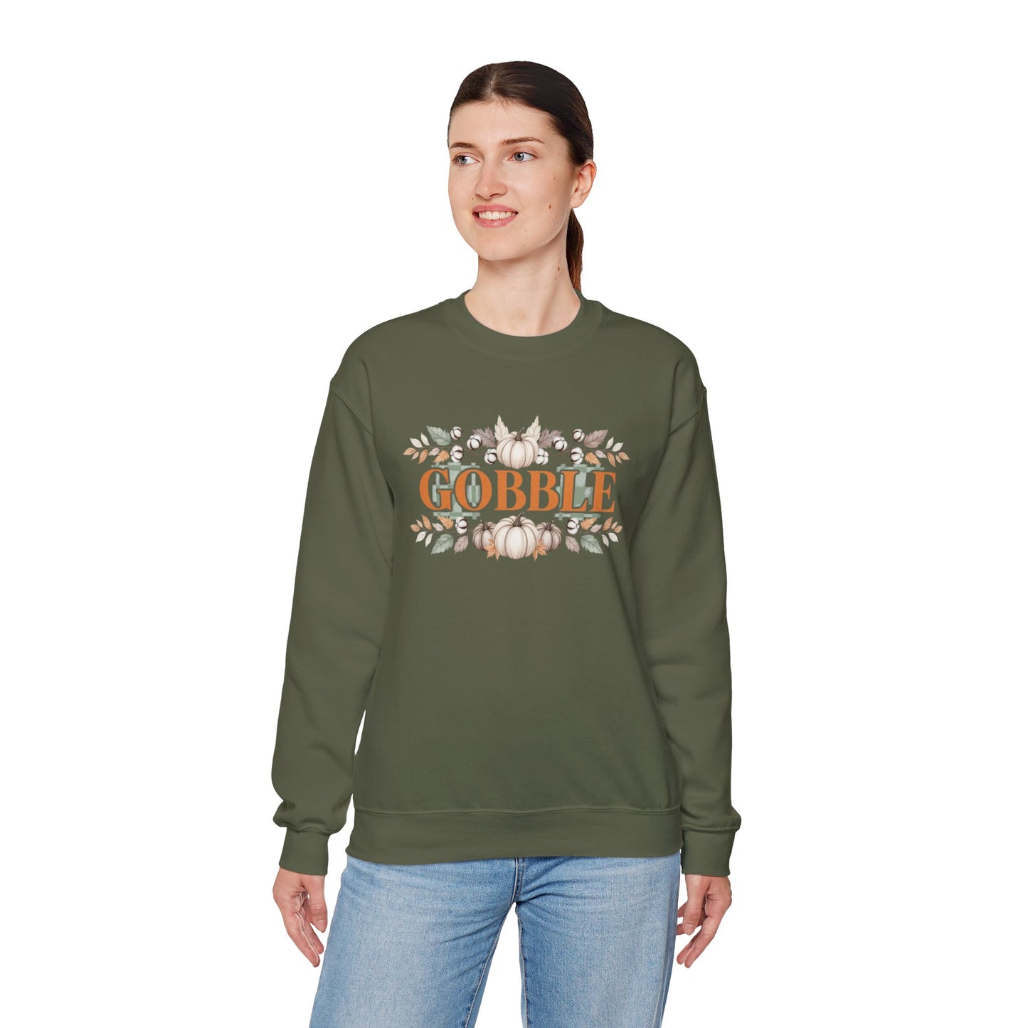 Gobble Thanksgiving Sweatshirt, Neutral Fall Pumpkin Crewneck, Autumn Cotton Stems Leaves Pullover, Cozy Rustic Thanksgiving Top