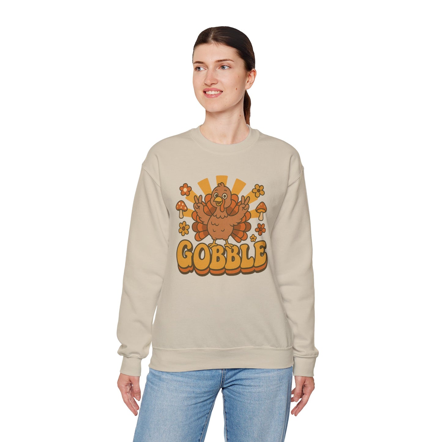 Gobble Turkey Sweatshirt, Retro Fall Turkey Crewneck, Thanksgiving Graphic Pullover, Autumn Mushroom & Flower Design, Cozy Fall Top