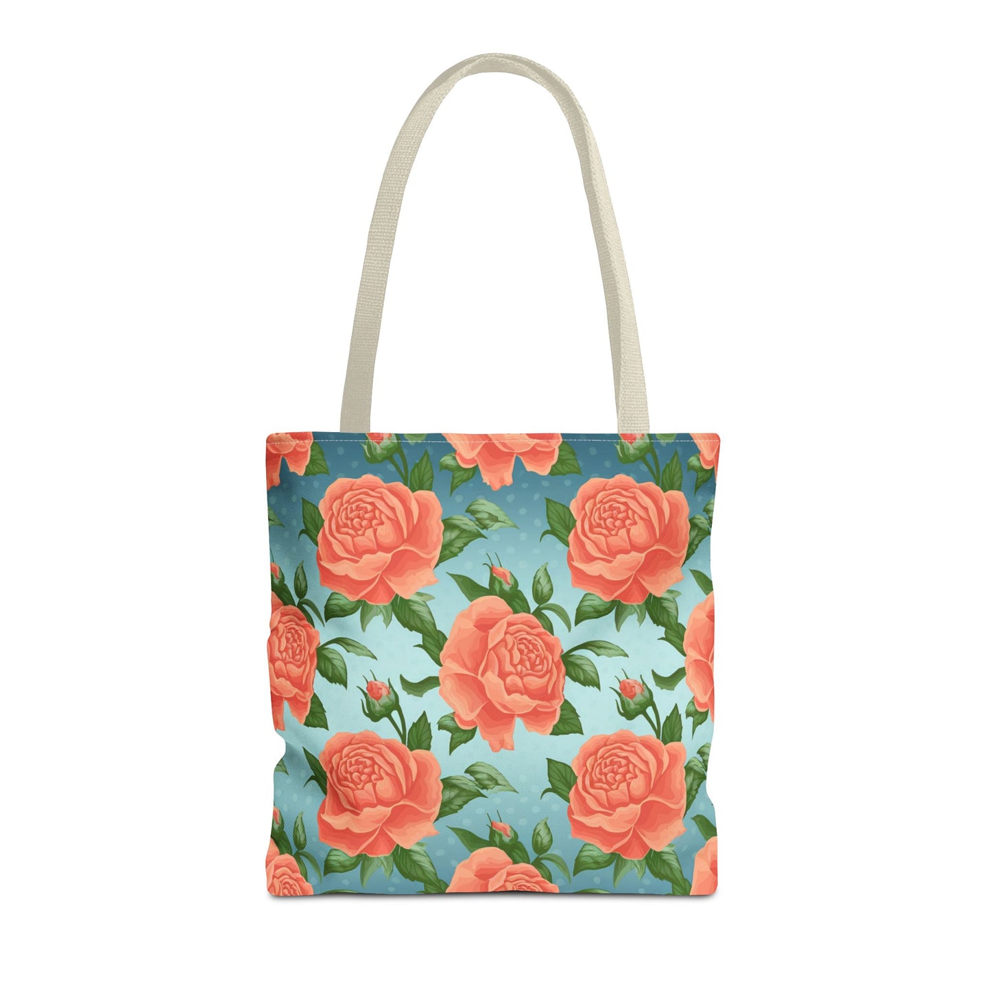Vintage Floral Tote Bag – Coral Rose Pattern on Blue Background – Aesthetic Everyday Carry Bag – Reusable Fabric Market Tote Gift