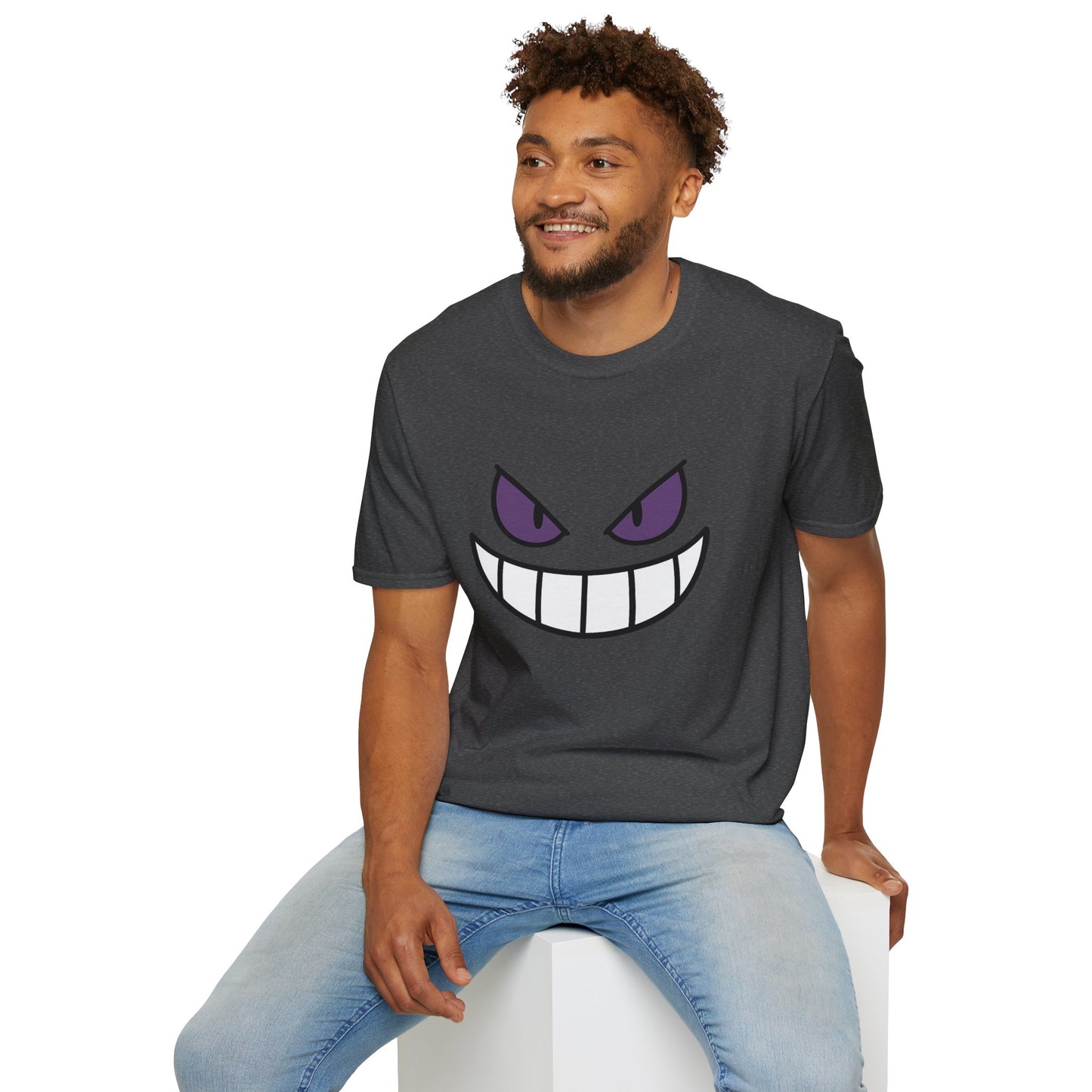 Mischievous Shadow Face Tee - Purple Eyes and Big Grin Graphic Shirt | Spooky Cute Gift, Retro Gaming Vibe, Funny Halloween Unisex Top