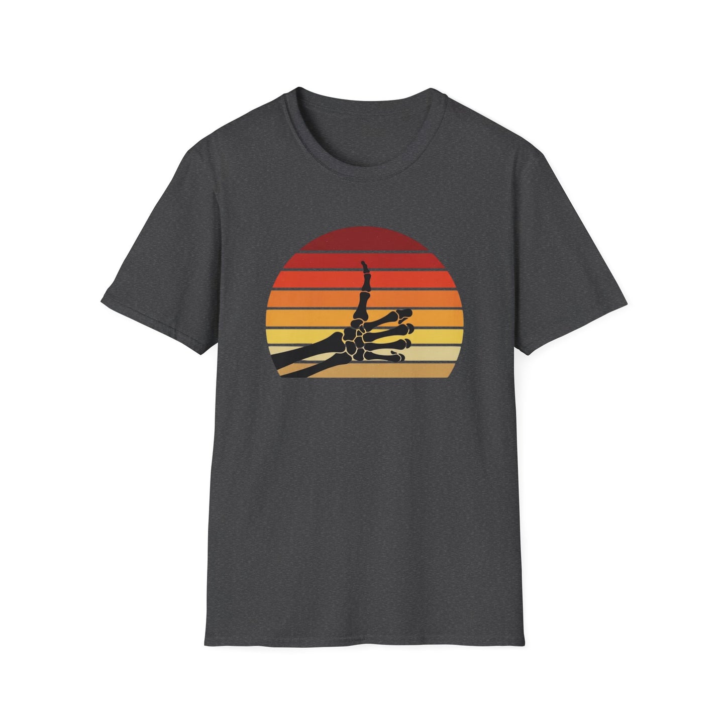 Skeleton Hand Rock On Shirt - Retro Sunset Halloween T-Shirt, Spooky Skeleton Finger Tee, Vintage 70s Style Goth Shirt, Unisex Sizes