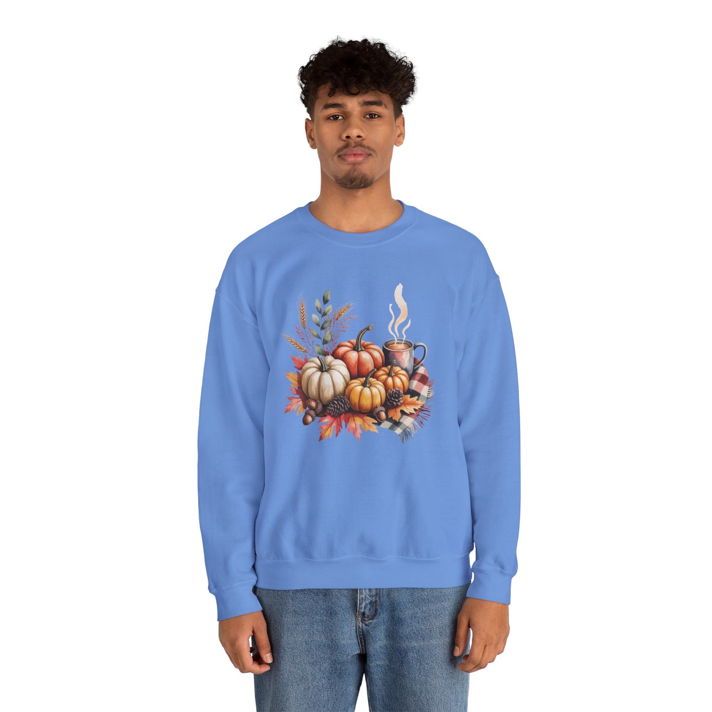 Fall Pumpkin Sweatshirt, Cozy Autumn Crewneck, Thanksgiving Sweater With Pumpkins And Coffee, Fall Leaves Pullover, Seasonal Gift