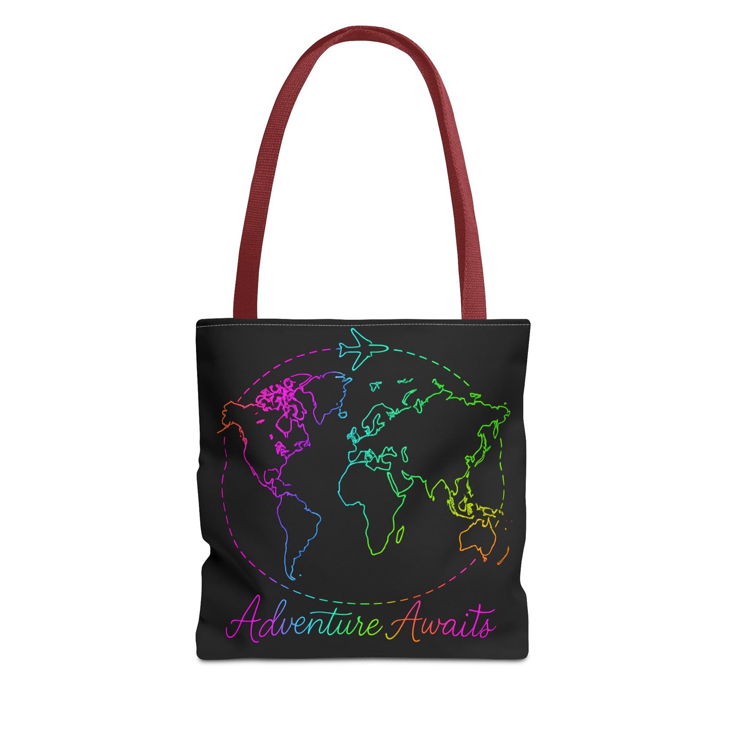 Adventure Awaits Neon Tote Bag - Y2K Rainbow World Map and Plane Travel Tote, Reusable Canvas Tote for Airport, Beach, Market + Gift