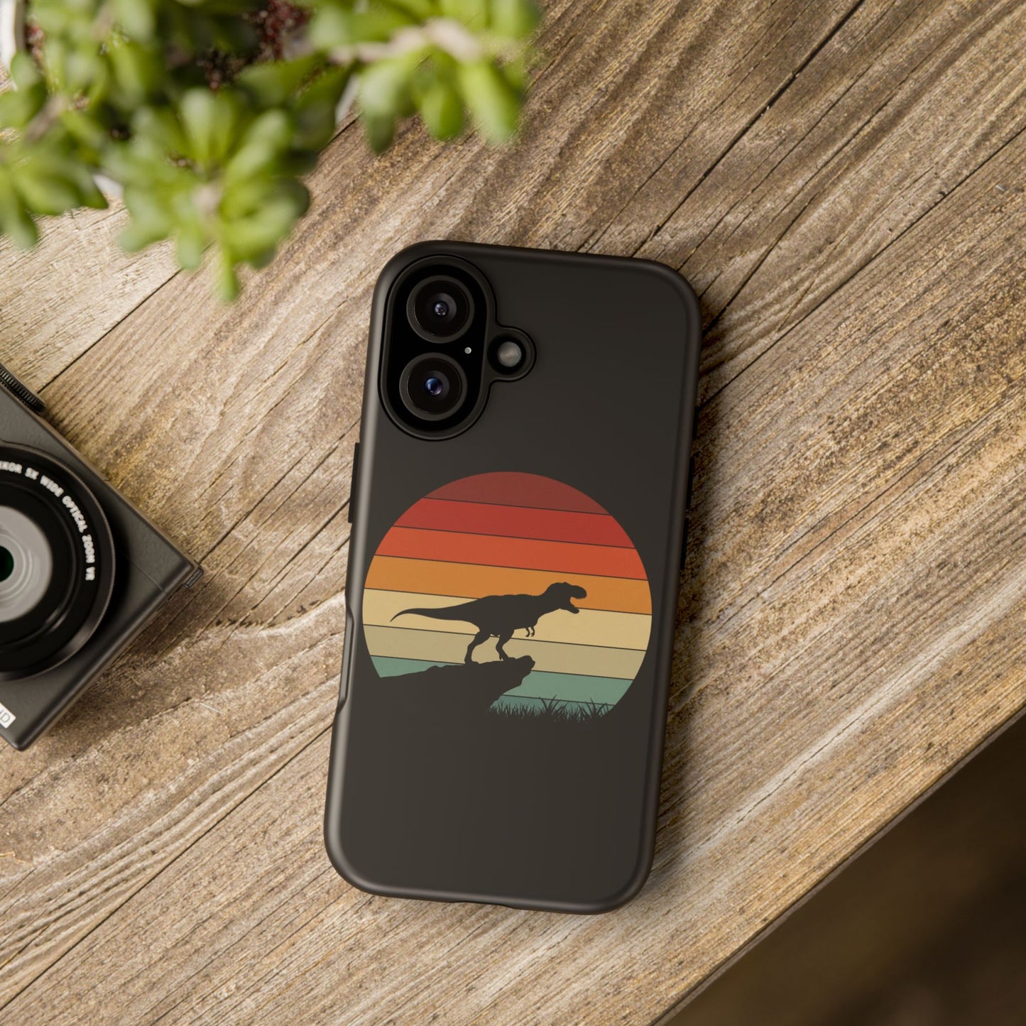 Retro Sunset Dinosaur iPhone Case | T‑Rex Silhouette Vintage Phone Cover for iPhone 14/15/16 Pro | Aesthetic Dinosaur Gift
