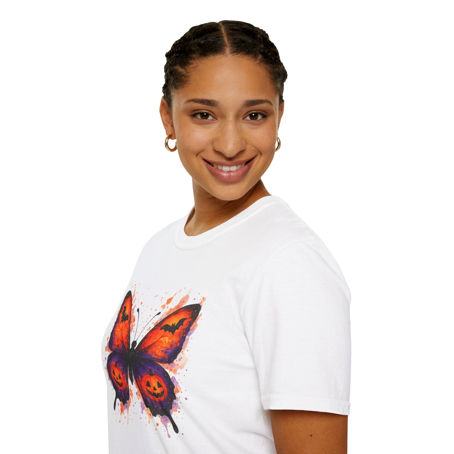 Halloween Watercolor Butterfly T-Shirt - Pumpkin Butterfly Tee, Spooky Butterfly Shirt, Bat and Jack-O'Lantern Wings, Fall Aesthetic Tee