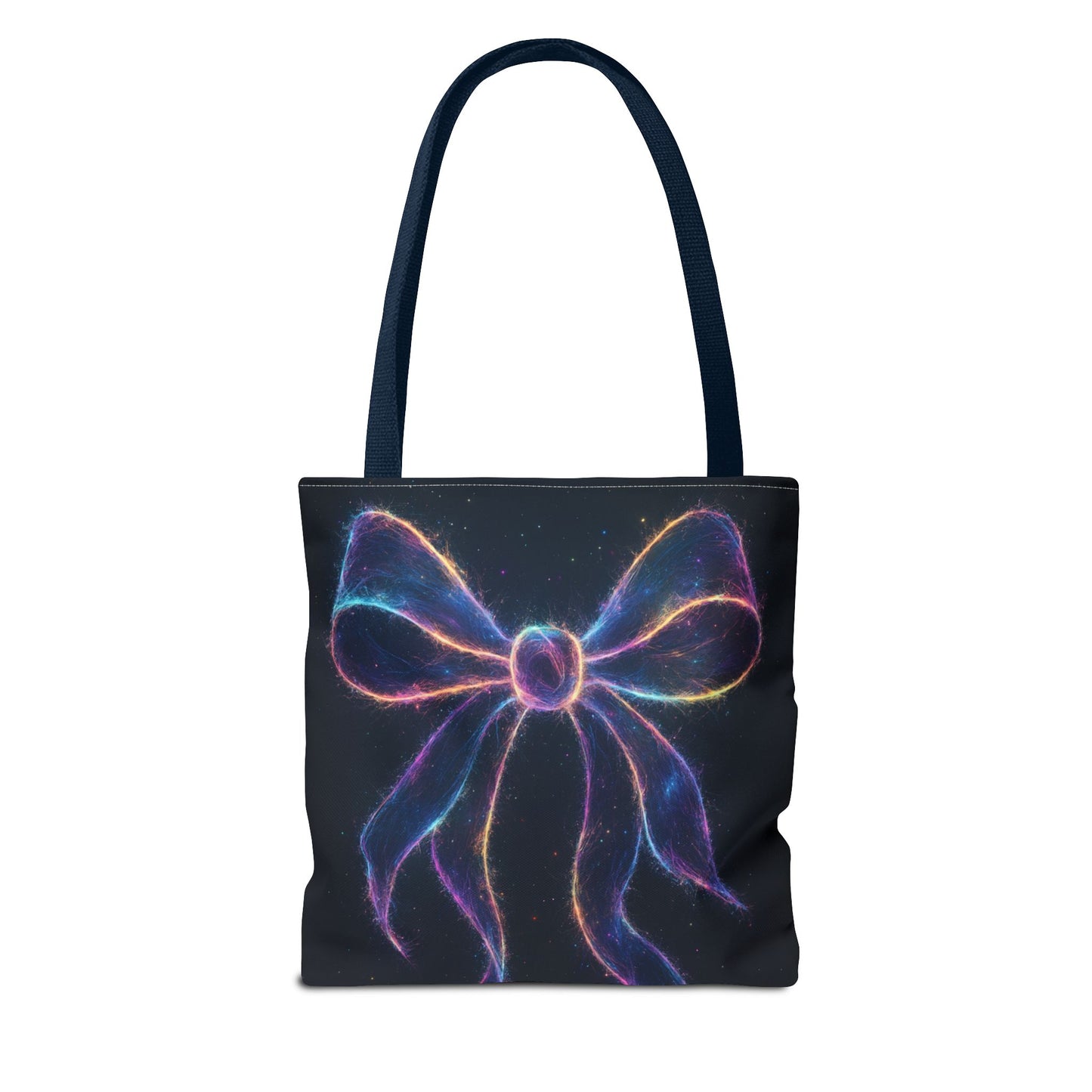 Galaxy Glow Bow Tote Bag, Cosmic Neon Ribbon Design, Black Space Art Bag, Celestial Gift For Her, Stylish Reusable Everyday Tote