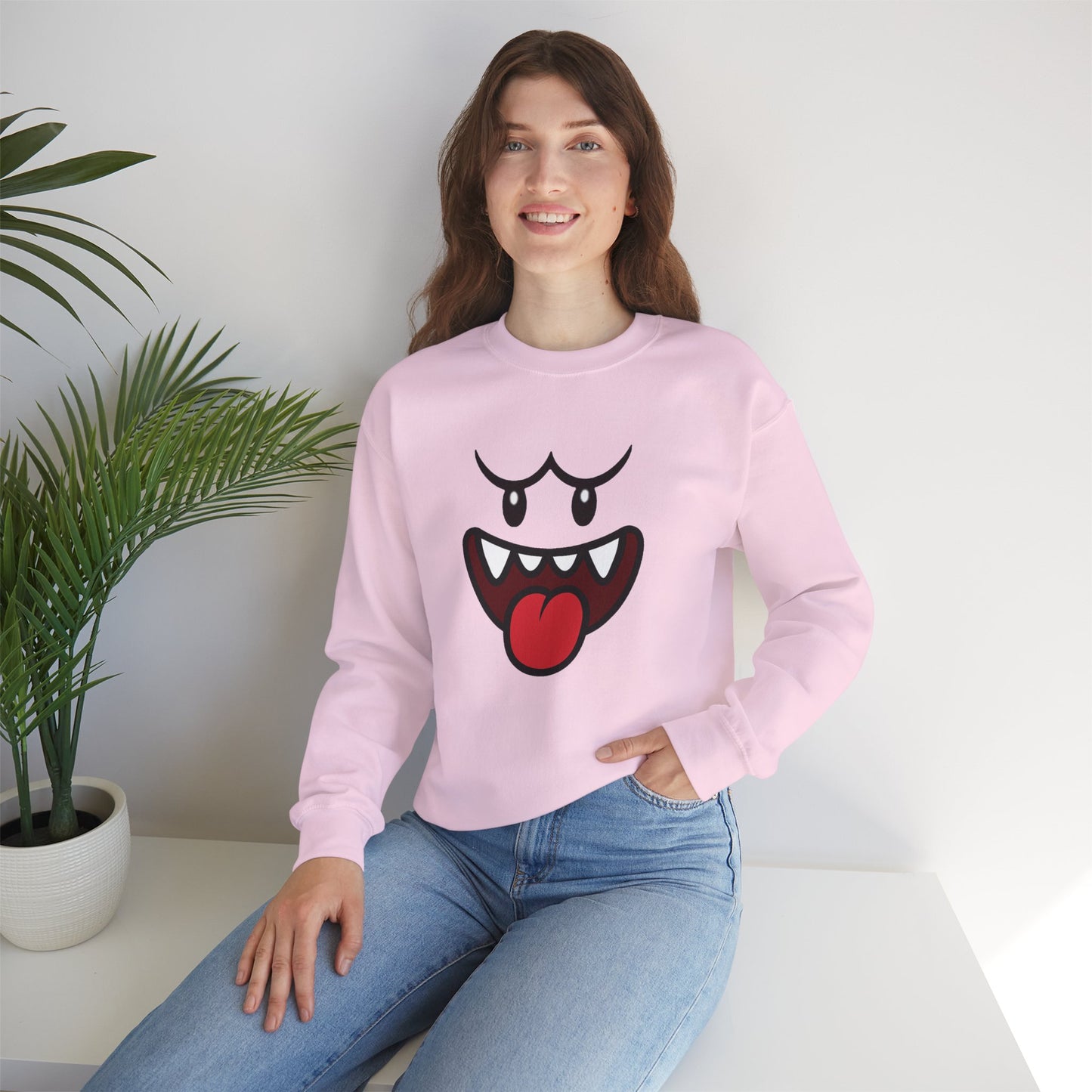 Spooky Grin Sweatshirt, Cartoon Ghost Face Crewneck, Halloween Grinning Ghost Sweatshirt, Cute Monster Smile Pullover, Spooky Season Graphic Sweat