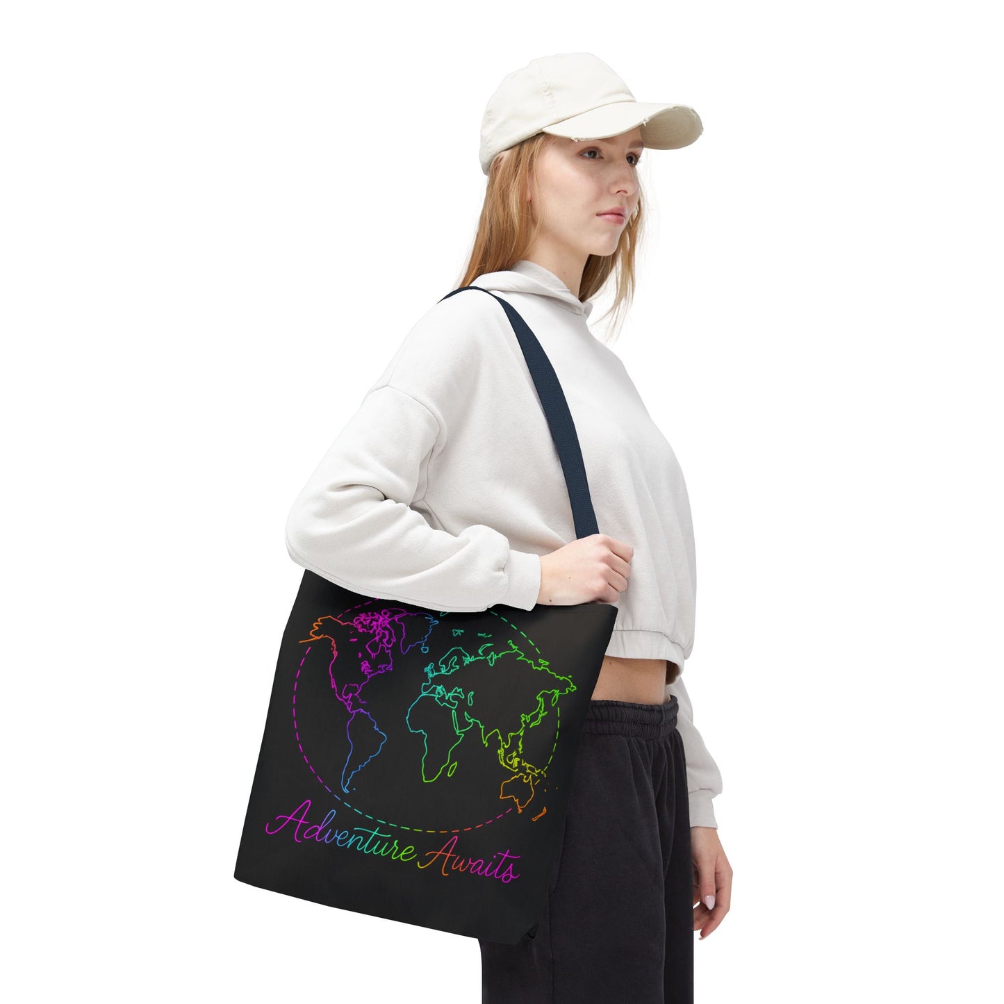 Adventure Awaits Neon Tote Bag - Y2K Rainbow World Map and Plane Travel Tote, Reusable Canvas Tote for Airport, Beach, Market + Gift