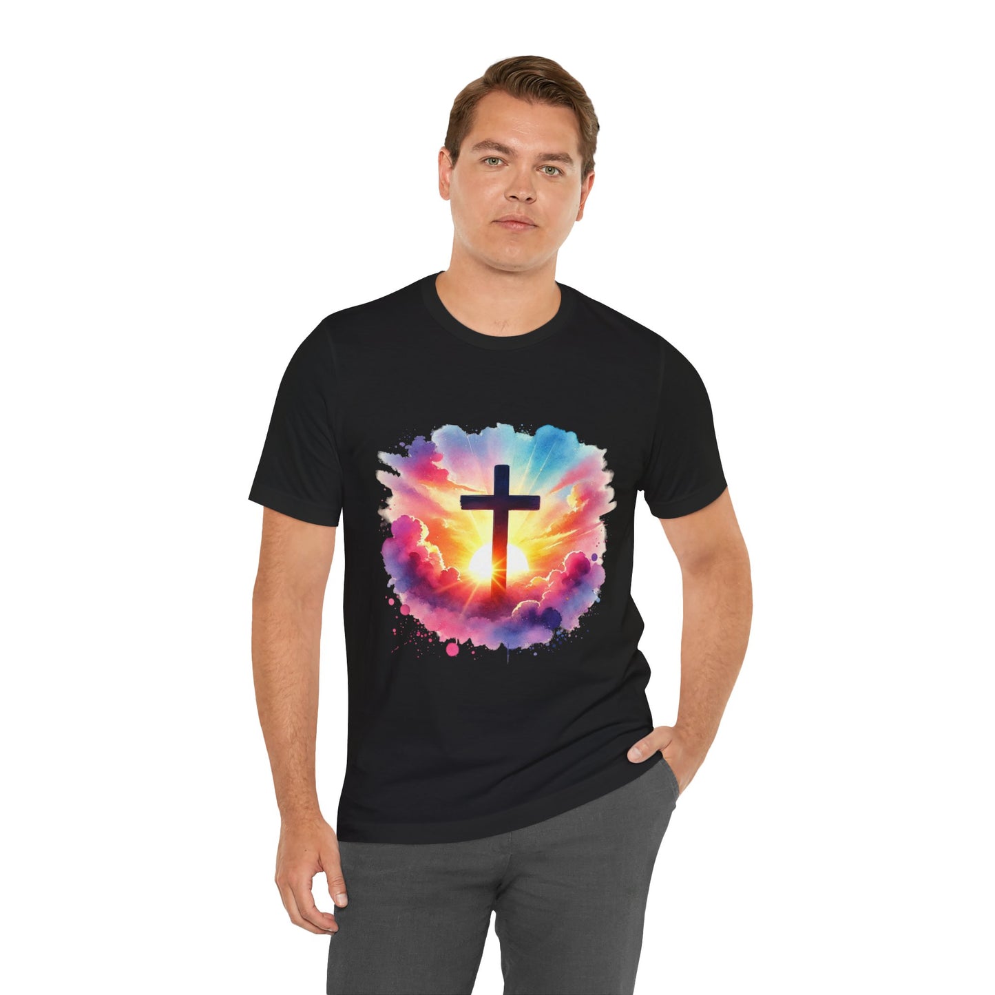 Faith Cross Sunburst Christian Tee | Inspirational Christian T-Shirt | Colorful Sunrise Cross Shirt | Faith Gifts for Women Men