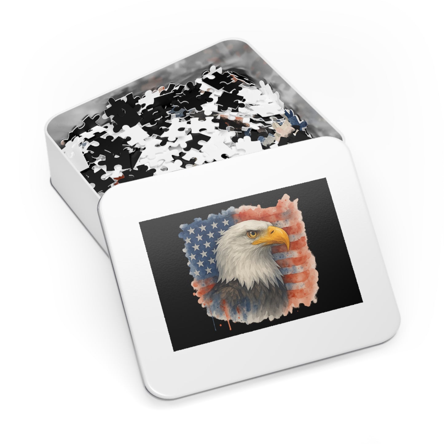 Eagle American Flag Jigsaw Puzzle with Tin Memorial Day Puzzle 4th of July Game Veteran's Day Jigsaw