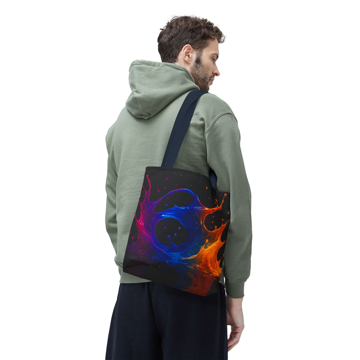 Elemental Fusion Tote Bag, Fire And Water Abstract Art Design, Vibrant Blue And Orange Splash Reusable Tote For Artists, Travel, And Everyday Use