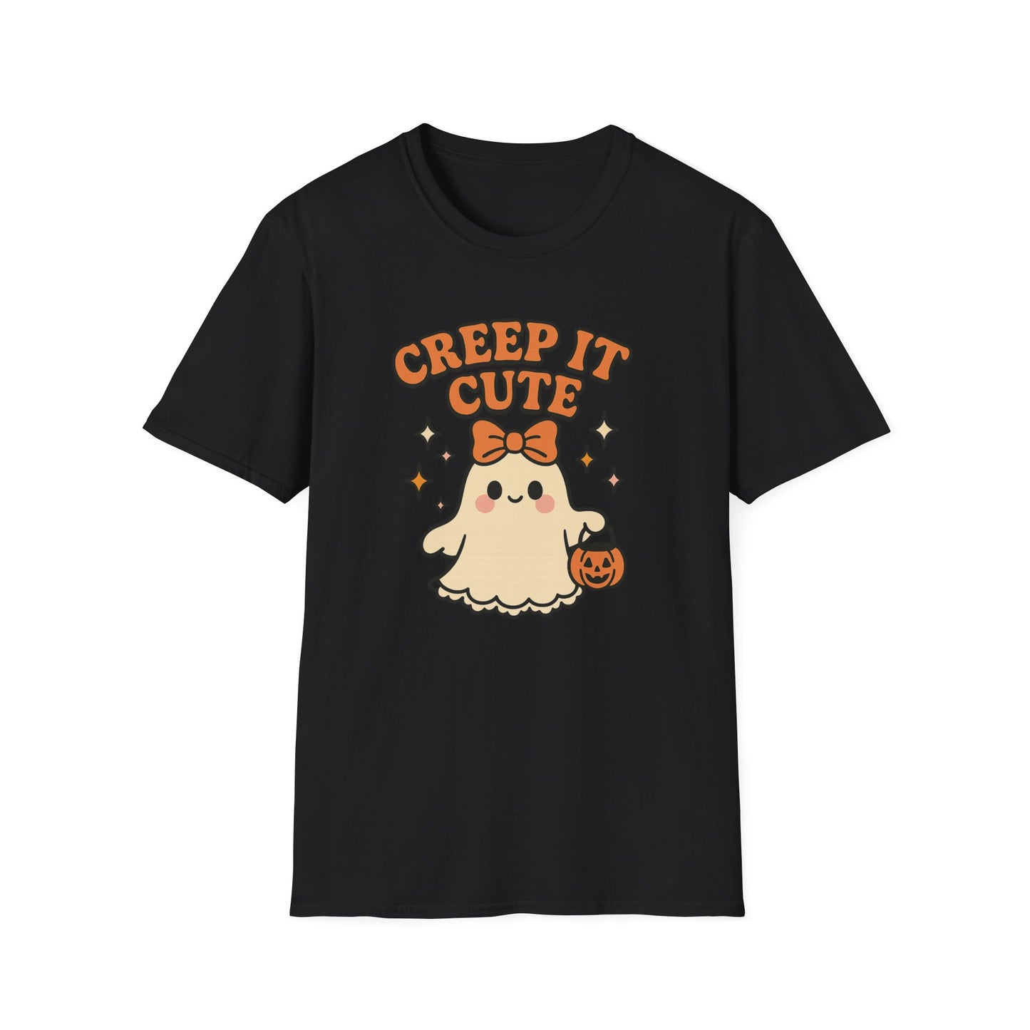 Creep It Cute Ghost Halloween Shirt - Kawaii Ghost Tee with Bow and Pumpkin, Spooky-Cute Fall Graphic T-Shirt, Spooky Season Halloween Top