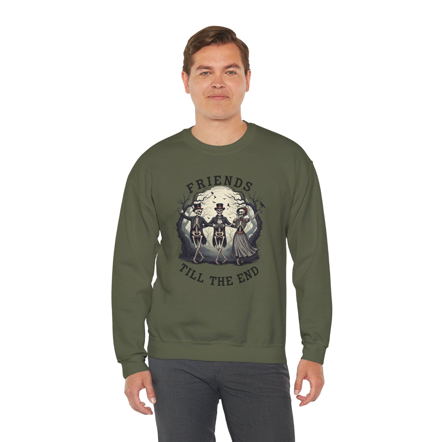 Friends Till The End Skeleton Sweatshirt | Dancing Skeletons Halloween Crewneck | Spooky Fall Graphic Pullover Gift for Bestie