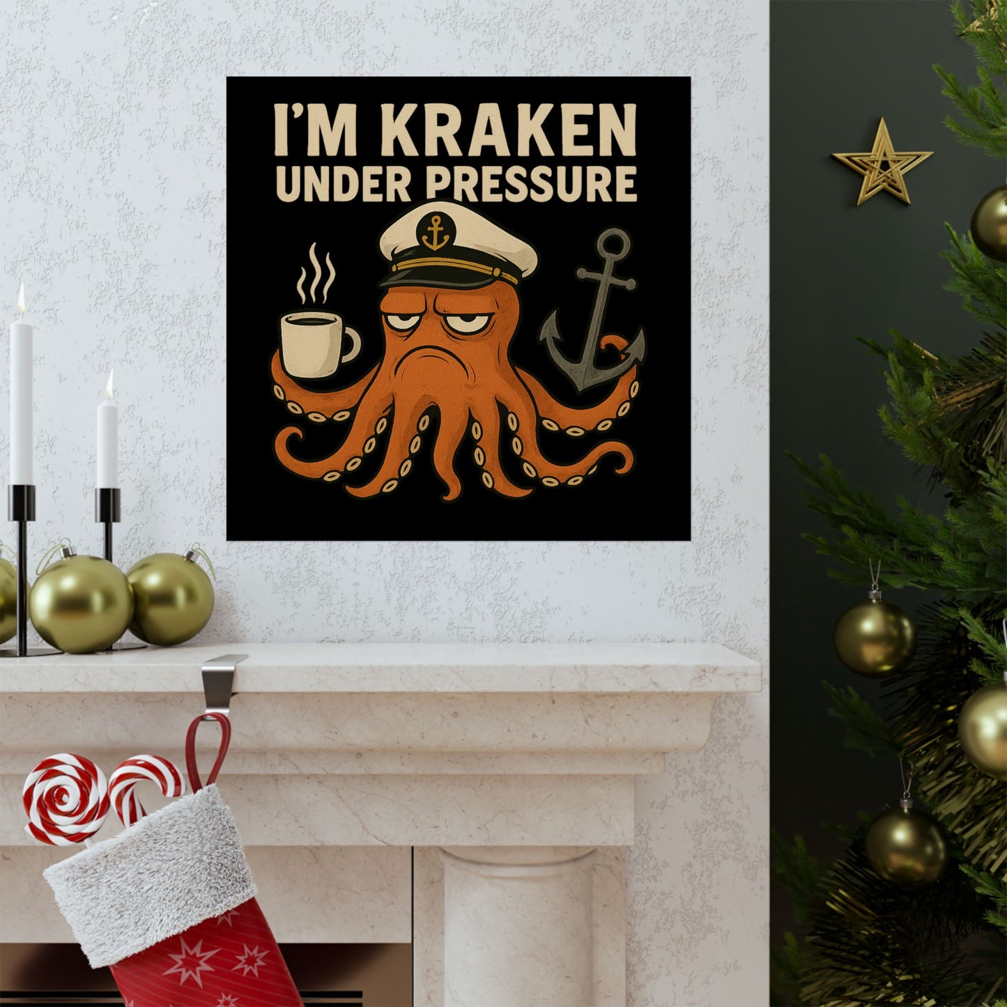 Vertical Poster with Stressed Octopus Design Nautical Decor Ocean Themed Poster Modern Home Decor Funny Poster
