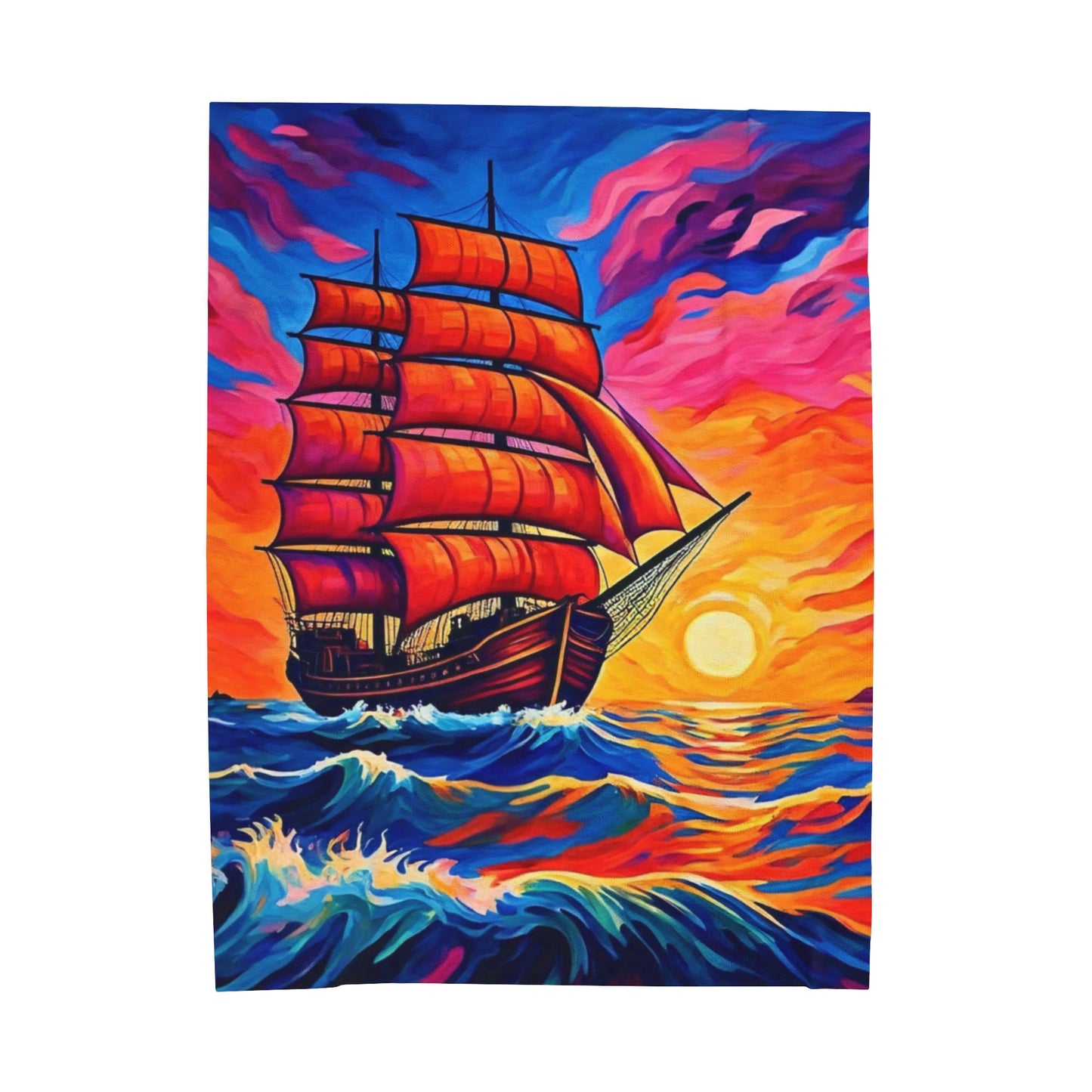 Plush Blanket - Sunset Ship Painting Design