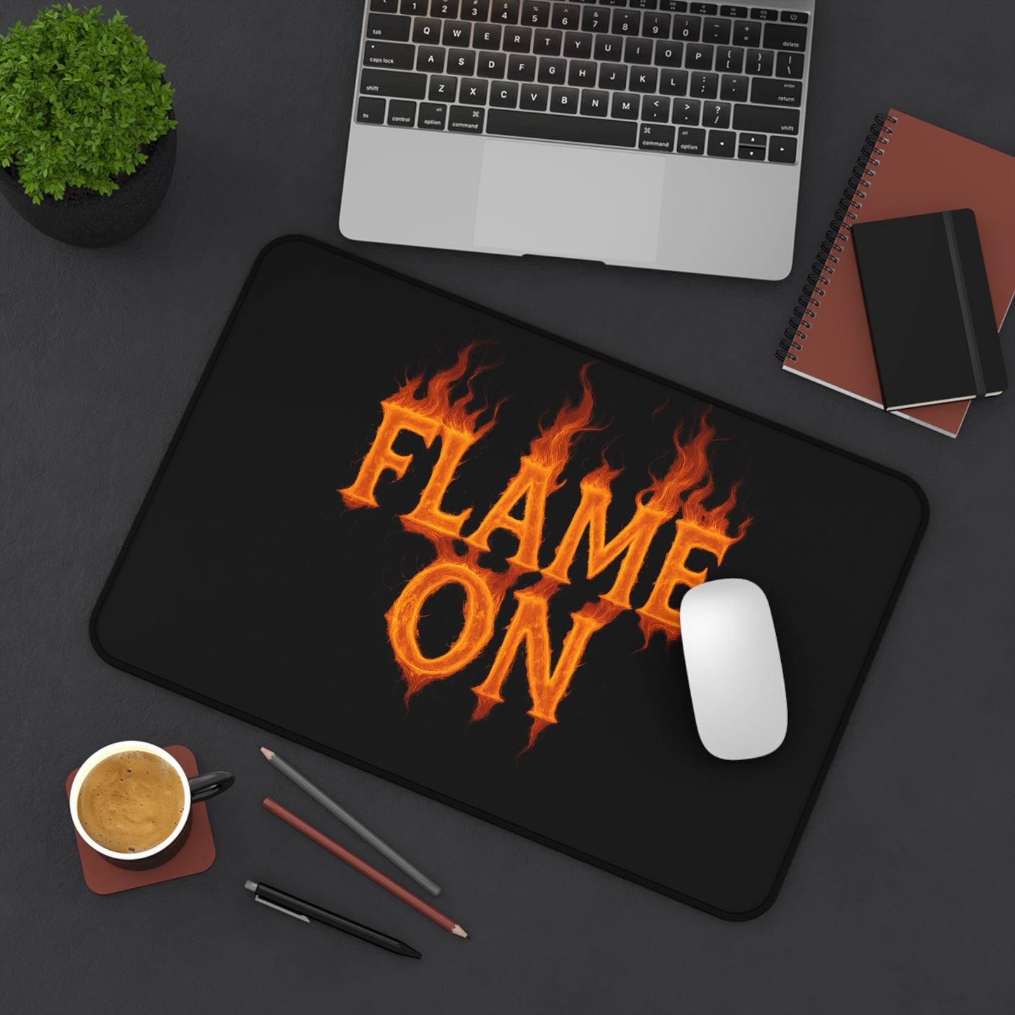 Flame On Desk Mat - Fire Typography Gaming Mouse Pad for Comic Fans, Hot Setup Gift, Nerdy Office Decor, Fiery Custom Desk Pad