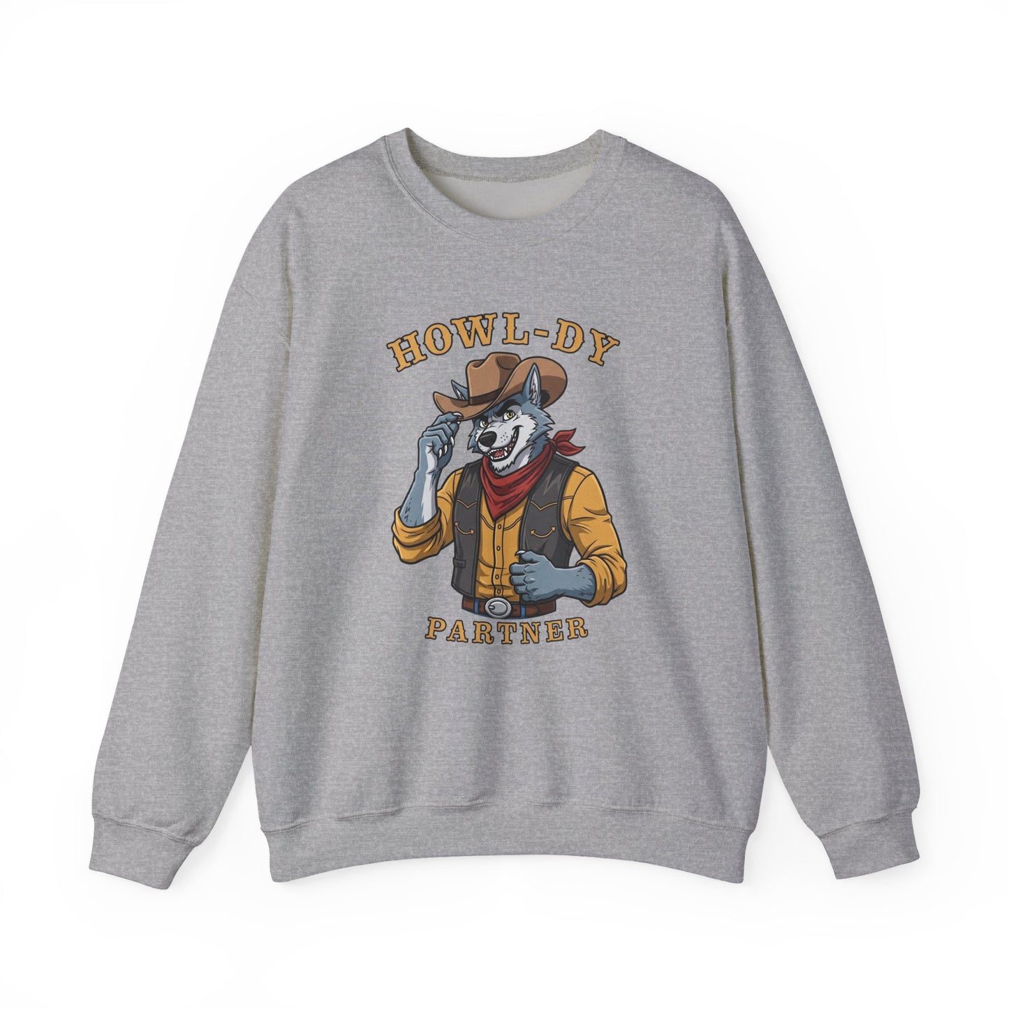 Howl-dy Partner Wolf Sweatshirt, Cowboy Werewolf Halloween Crewneck, Western Spooky Graphic Pullover for Animal Lover Gift Sweatshirt