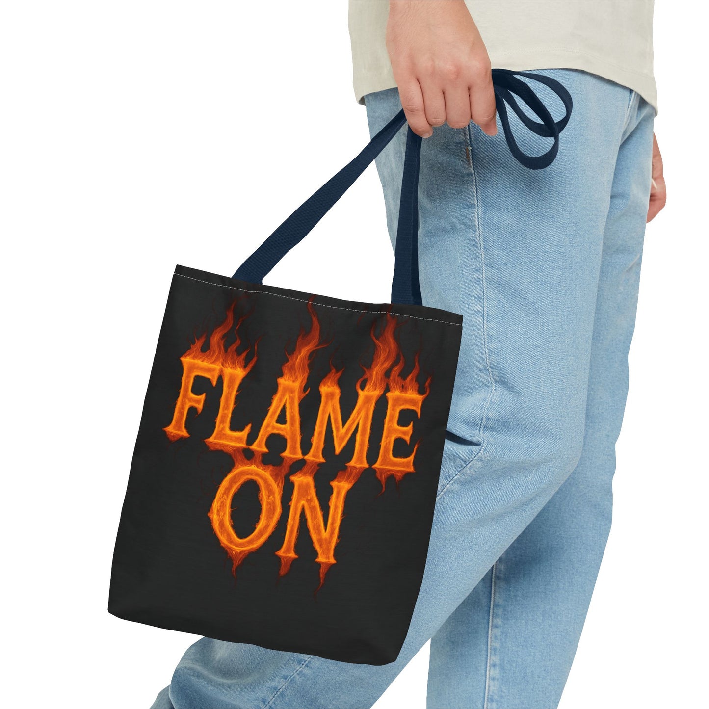 Flame On Tote Bag - Fire Typography Black Bag for Book Lovers, Gym, or Groceries | Bold Comic-Inspired Catchphrase Tote