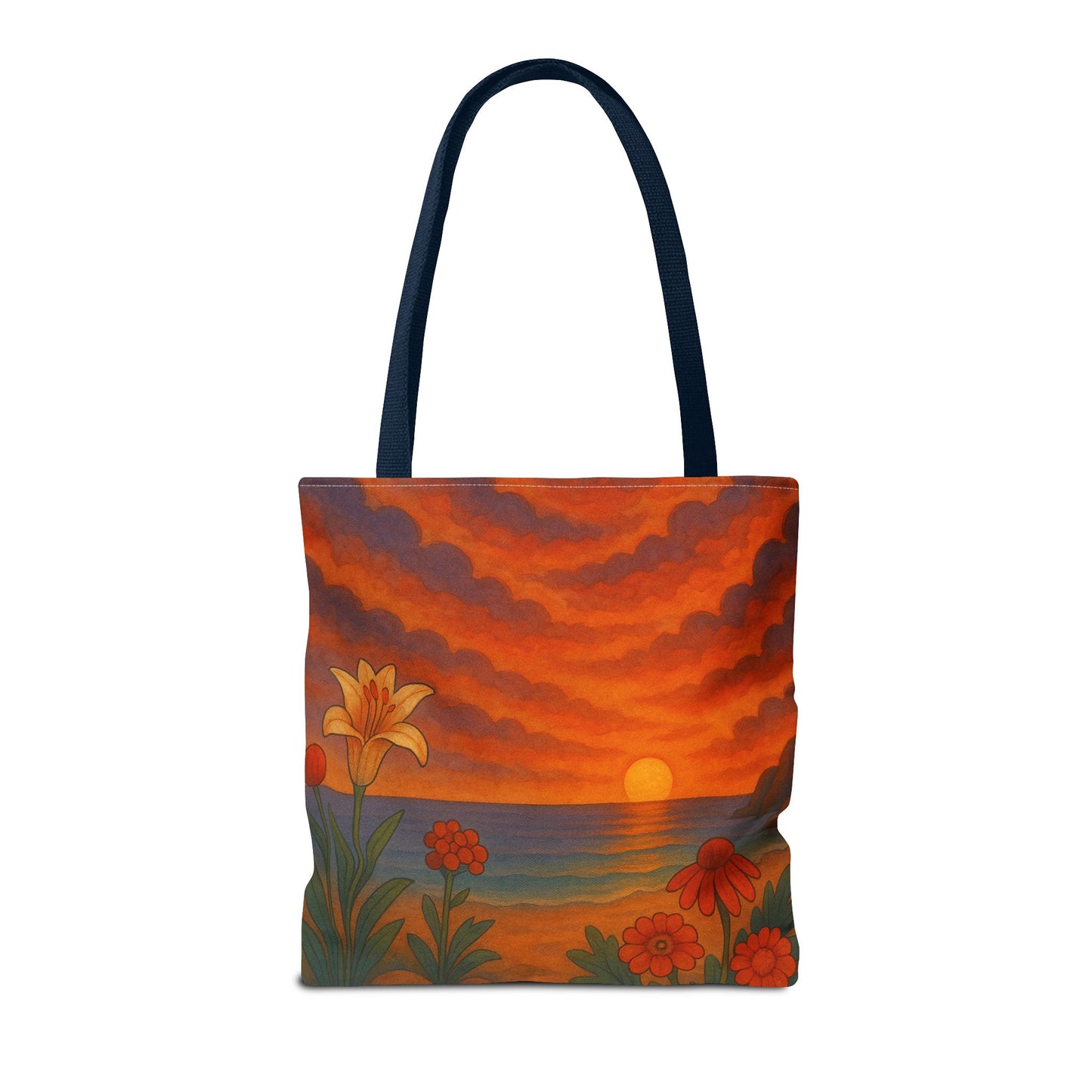 Retro Sunset Tote Bag with Wildflowers – Vibrant Floral Landscape Art, Nature-Inspired Reusable Bag, 70s Style Summer Accessory