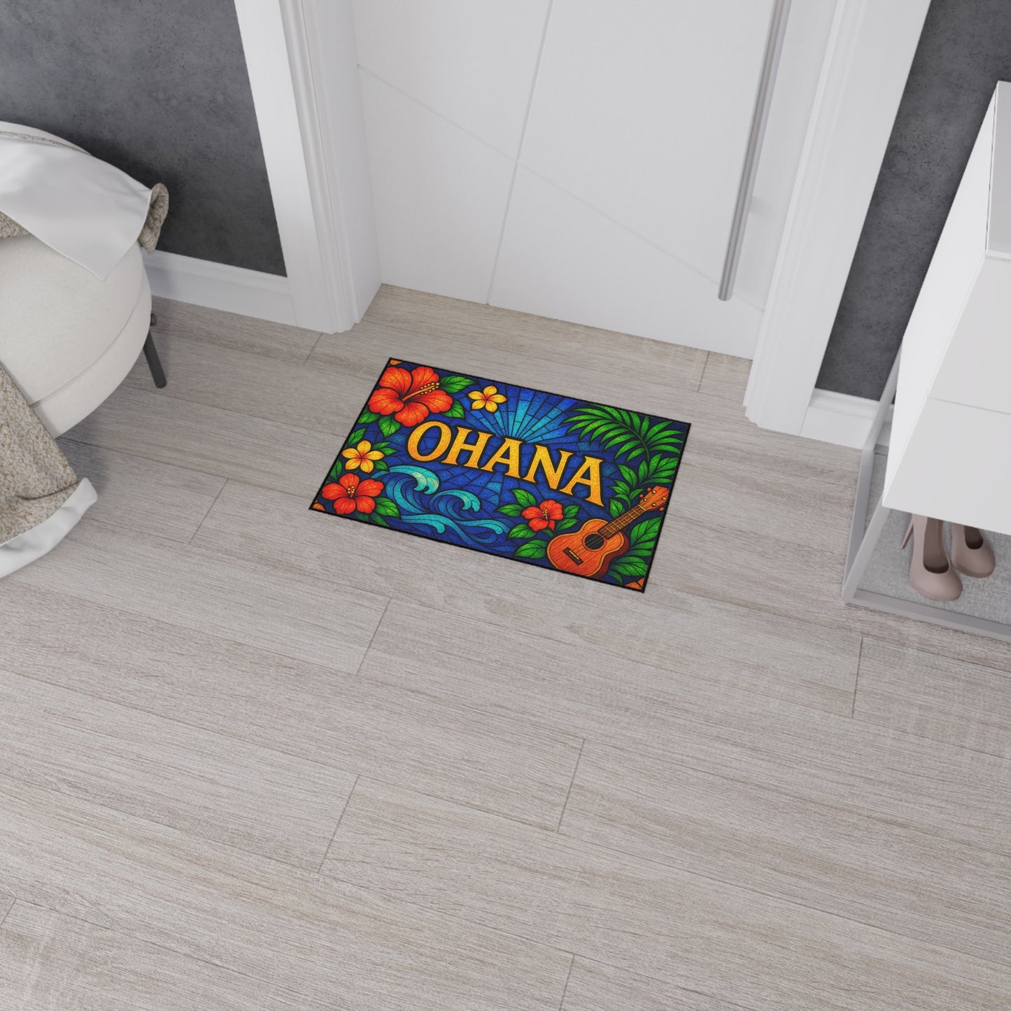 Ohana Welcome Mat - Tropical Hawaiian Rug for Entryway or Kitchen, Family Theme Doormat with Floral Aloha Vibes, Indoor Home Decor