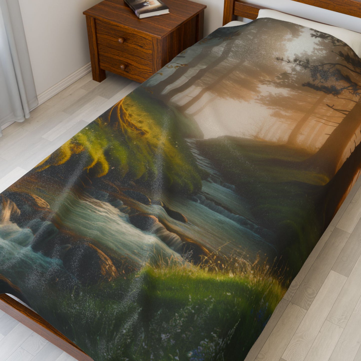 Serene Nature Velveteen Plush Blanket Cozy Décor for Home Nature Blanket Forest Throw with Stream