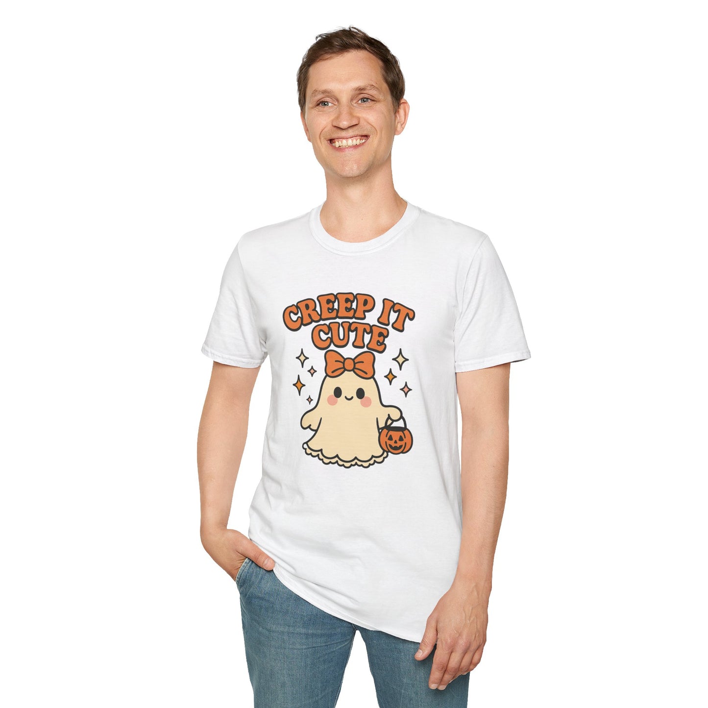 Creep It Cute Ghost Halloween Shirt - Kawaii Ghost Tee with Bow and Pumpkin, Spooky-Cute Fall Graphic T-Shirt, Spooky Season Halloween Top