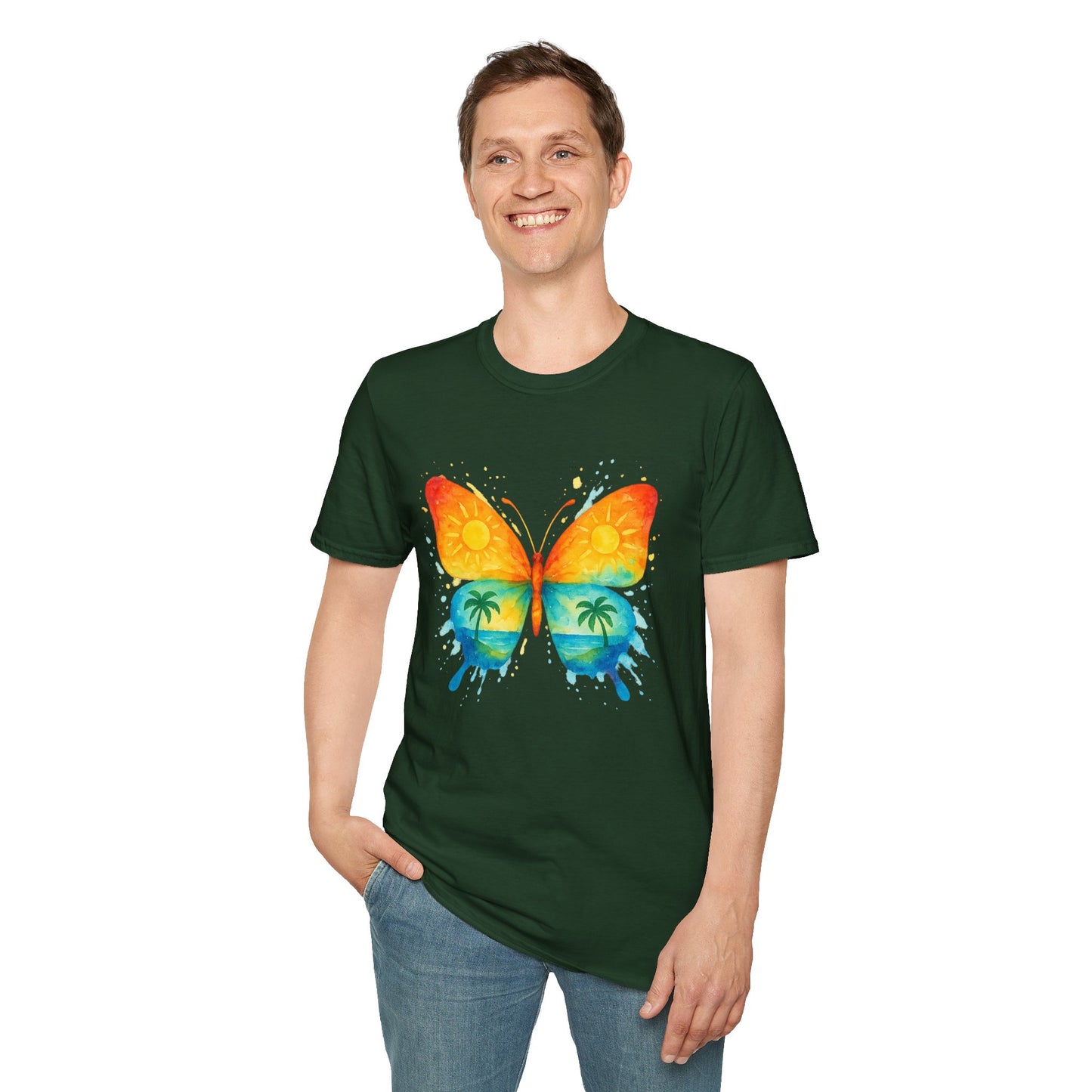 Butterfly Sunset Beach Tee - Ocean & Palm Watercolor Butterfly T-Shirt, Coastal Boho Graphic, Nature Lover Gift, Unisex Casual Tee