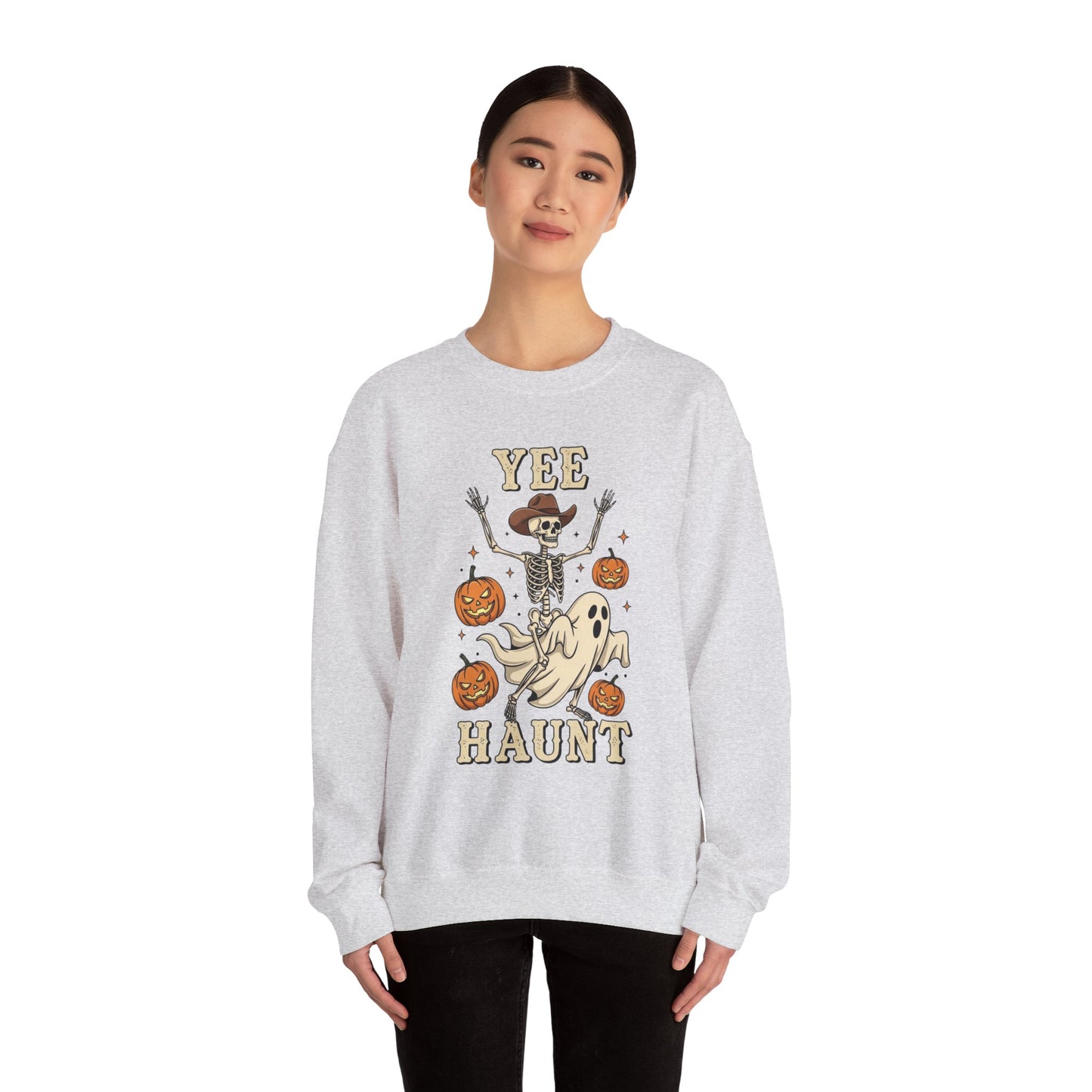 Yee Haunt Sweatshirt, Skeleton Ghost Pullover, Funny Halloween Crewneck, Spooky Pumpkin Ghost Tee, Haunting Night Graphic Sweatshirt