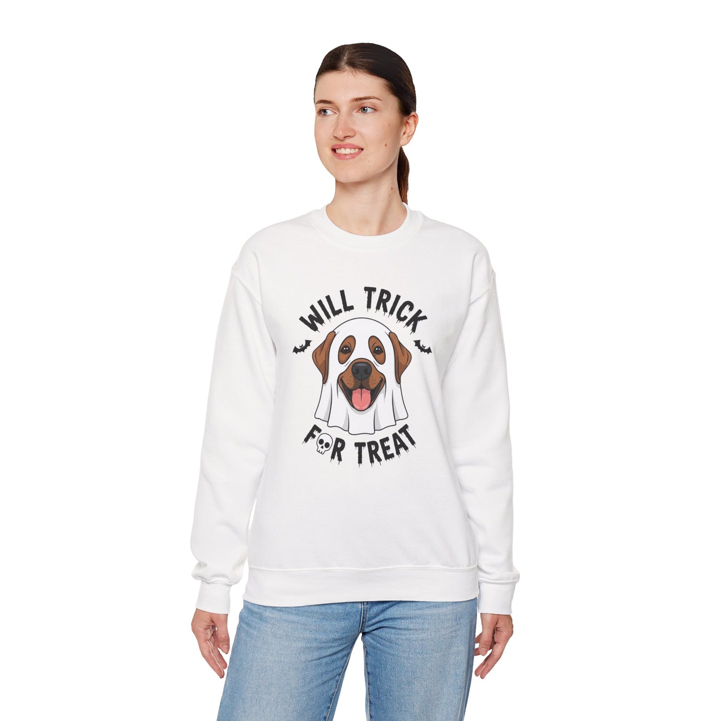 Will Trick for Treat Sweatshirt, Ghost Dog Halloween Crewneck, Funny Pet Costume Graphic Pullover, Trick-or-Treat Dog Lover Gift Sweater