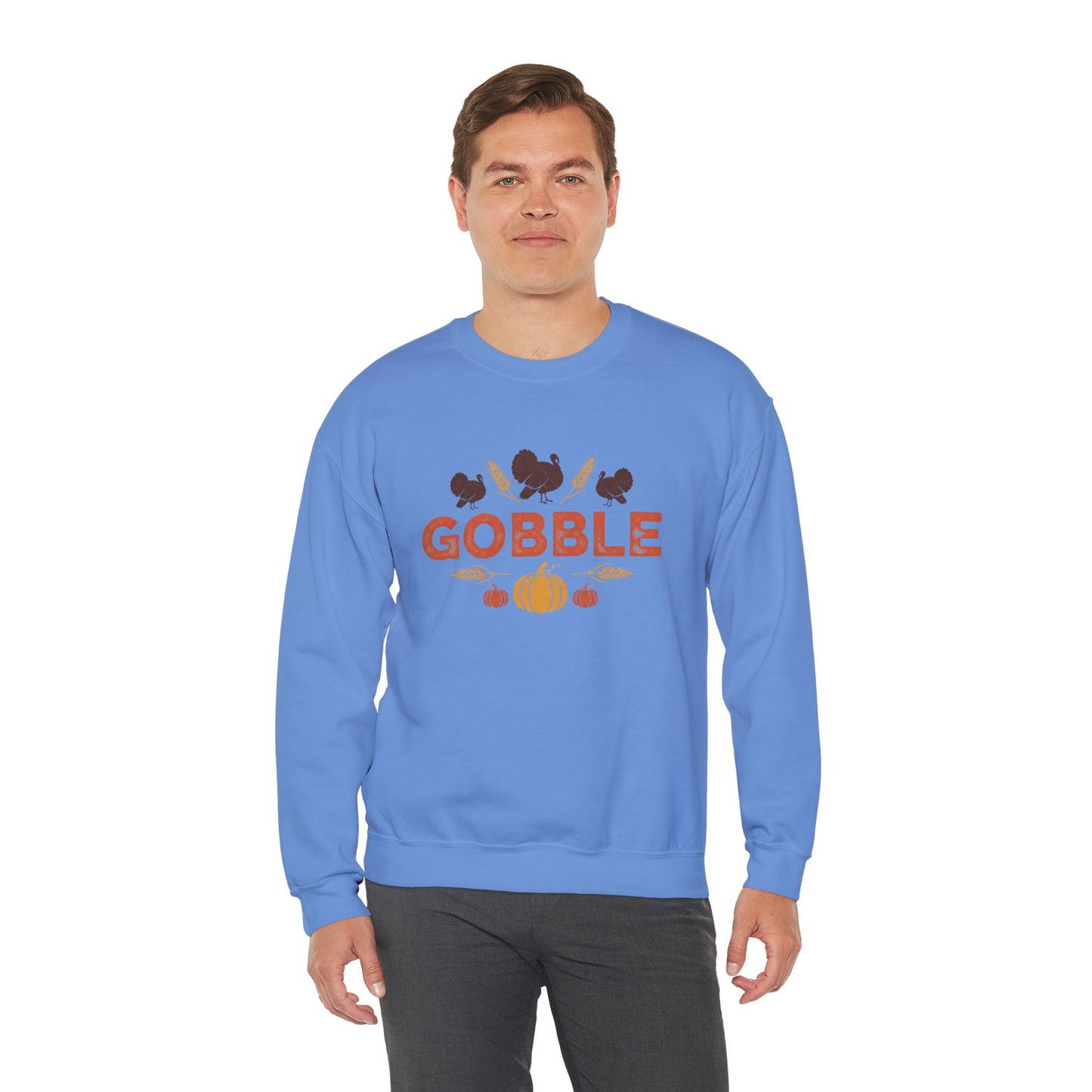 Gobble Turkey Sweatshirt, Thanksgiving Pumpkin Crewneck, Autumn Wheat & Turkey Graphic Pullover, Cozy Fall Family Turkey Day Shirt