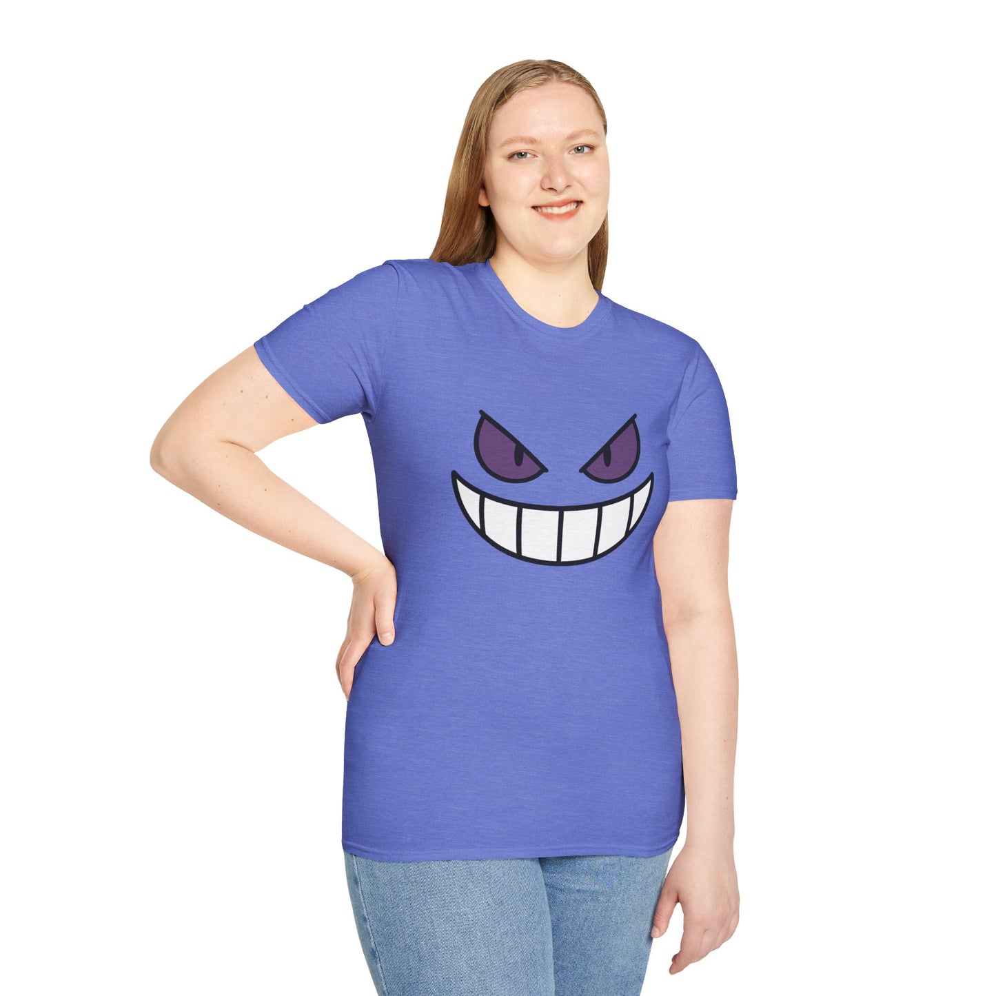 Mischievous Shadow Face Tee - Purple Eyes and Big Grin Graphic Shirt | Spooky Cute Gift, Retro Gaming Vibe, Funny Halloween Unisex Top