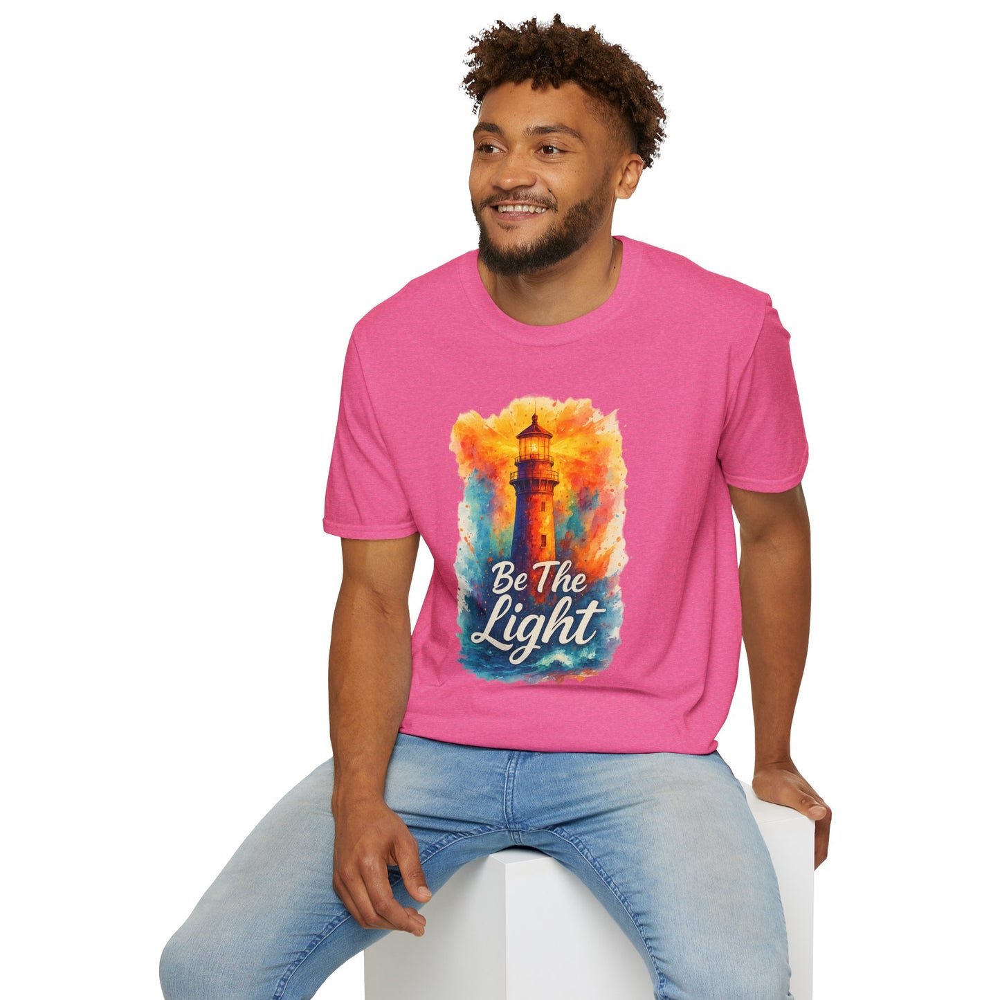 Be The Light Lighthouse T-Shirt | Inspirational Spiritual Tee | Coastal Nautical Gift for Her and Him | Unisex Softstyle Graphic Tee