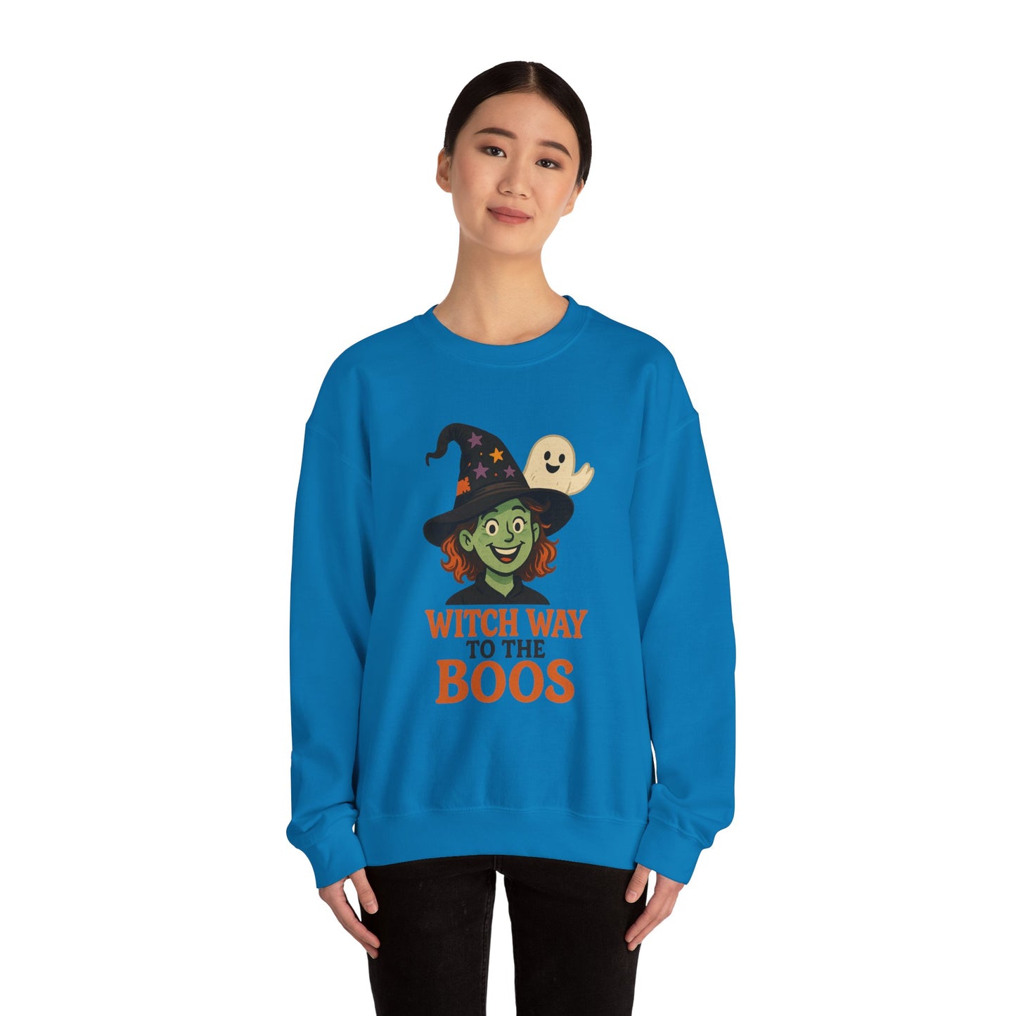 Witch Way To The Boos Sweatshirt, Funny Witch Halloween Crewneck, Witchy Ghost Sweatshirt, Spooky Season Graphic Pullover, Lighthearted Halloween Wear