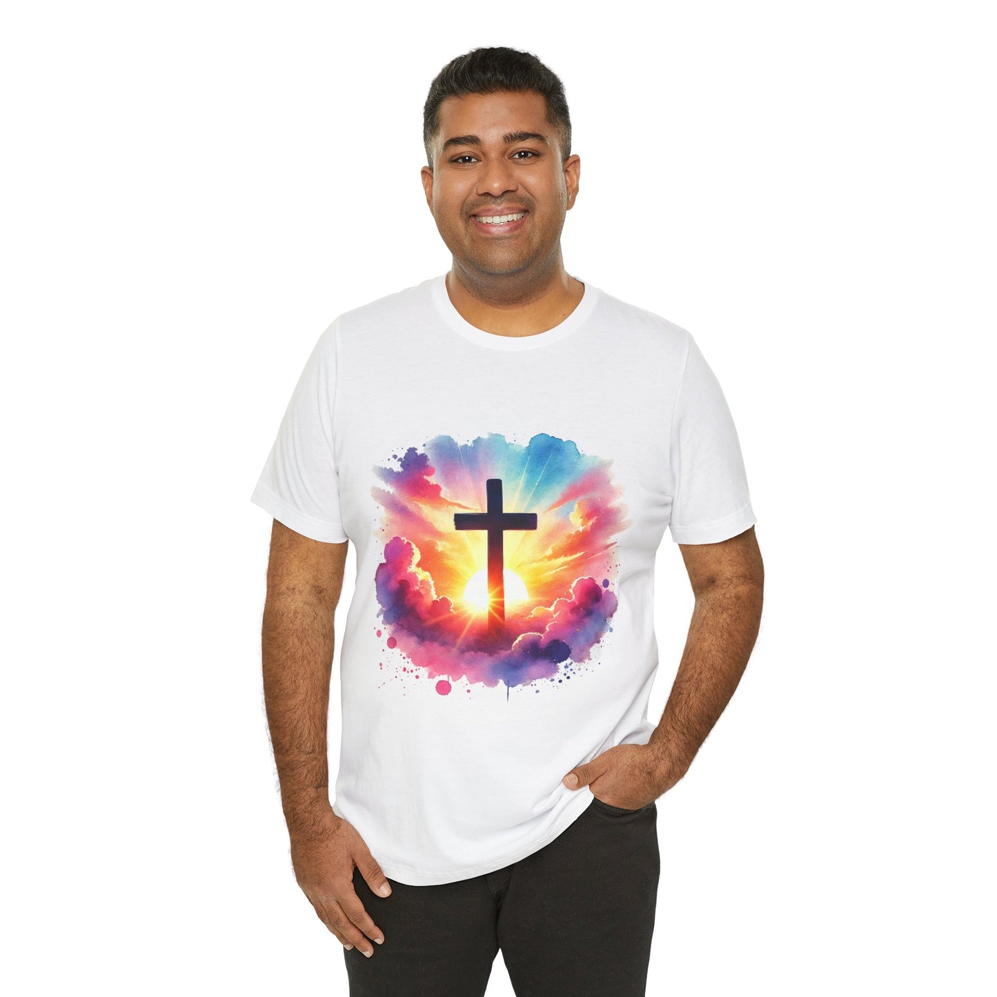 Faith Cross Sunburst Christian Tee | Inspirational Christian T-Shirt | Colorful Sunrise Cross Shirt | Faith Gifts for Women Men