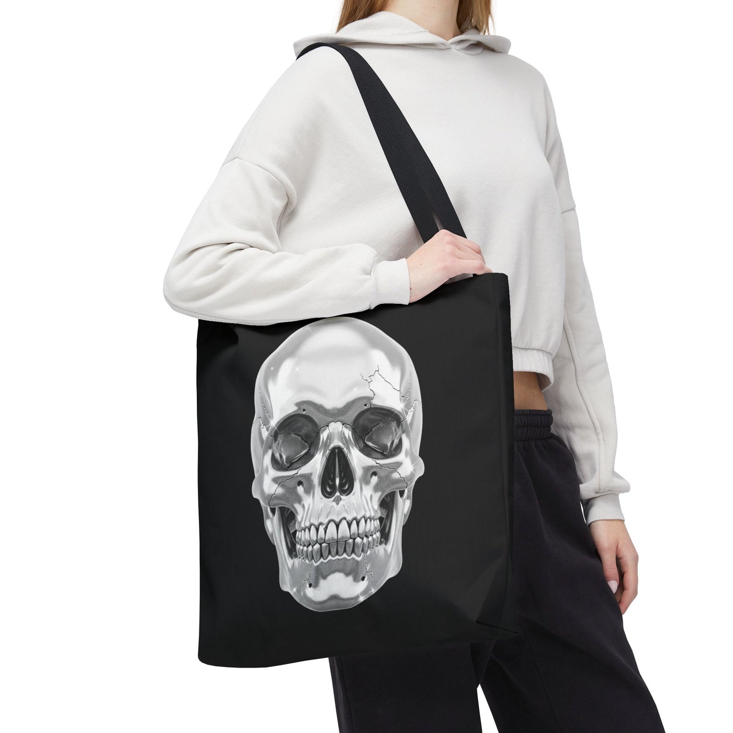 Chrome Skull Tote Bag, Gothic Halloween Canvas Tote, Metallic Skull Design Bag, Spooky Season Accessory, Skull Gift Tote For Horror Fans