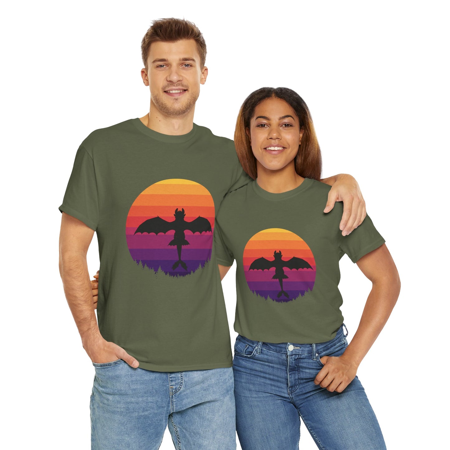 Night Dragon Sunset T-Shirt | Retro Dragon Silhouette Tee | Fantasy Dragon Shirt | Unisex Graphic Tee | Gift for Dragon Lovers