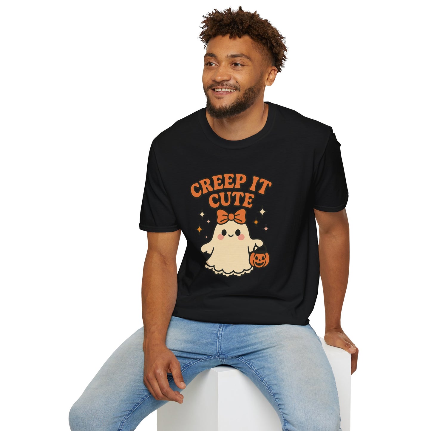 Creep It Cute Ghost Halloween Shirt - Kawaii Ghost Tee with Bow and Pumpkin, Spooky-Cute Fall Graphic T-Shirt, Spooky Season Halloween Top