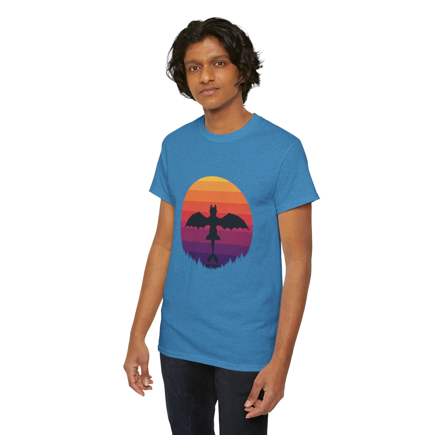 Night Dragon Sunset T-Shirt | Retro Dragon Silhouette Tee | Fantasy Dragon Shirt | Unisex Graphic Tee | Gift for Dragon Lovers