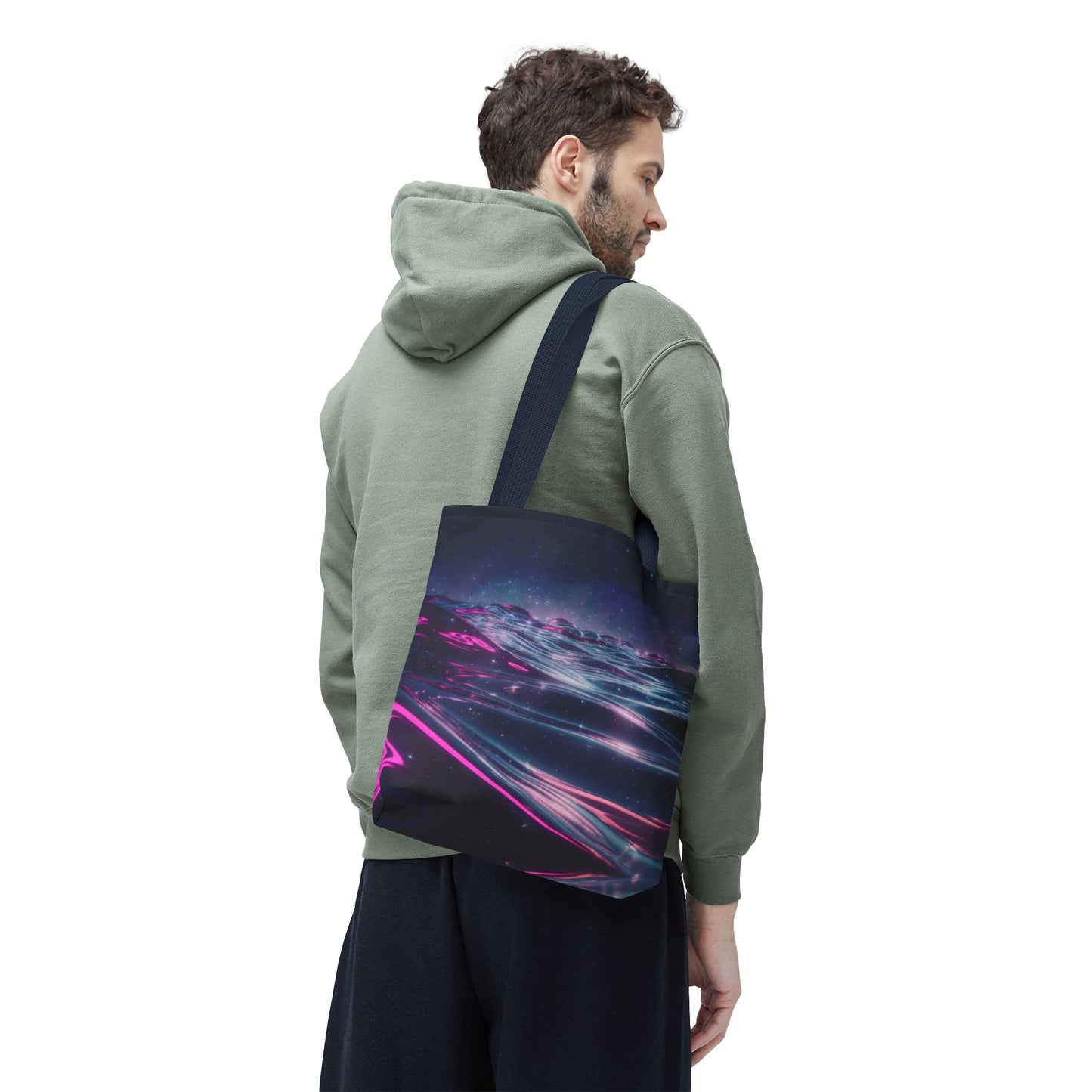 Neon Wave Horizon Tote Bag, Futuristic Ocean Design With Pink And Blue Light, Sci-Fi Aesthetic Reusable Tote For Travel, Gifts, And Everyday Use