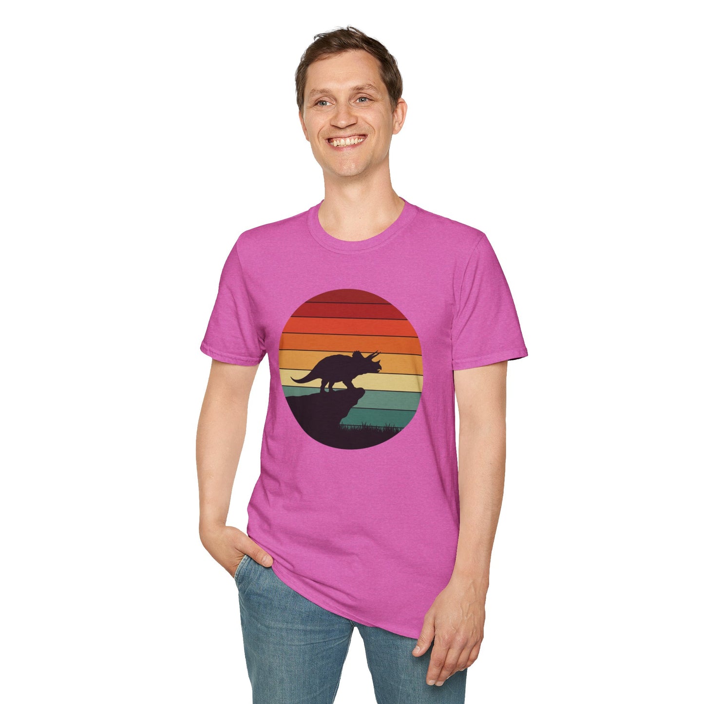 Retro Triceratops Sunset T-Shirt - Vintage Dino Graphic Tee - Unisex Softstyle Dinosaur Shirt - Nature and Prehistoric Lover Gift