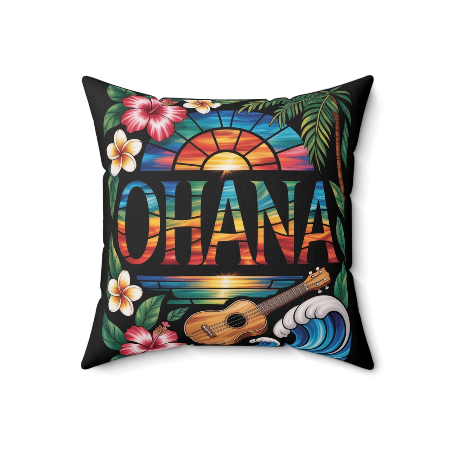 Ohana Throw Pillow – Hawaiian Sunset Cushion with Ukulele & Tropical Flowers, Aloha Decor, Beach House Accent, Family Gift, Island Living
