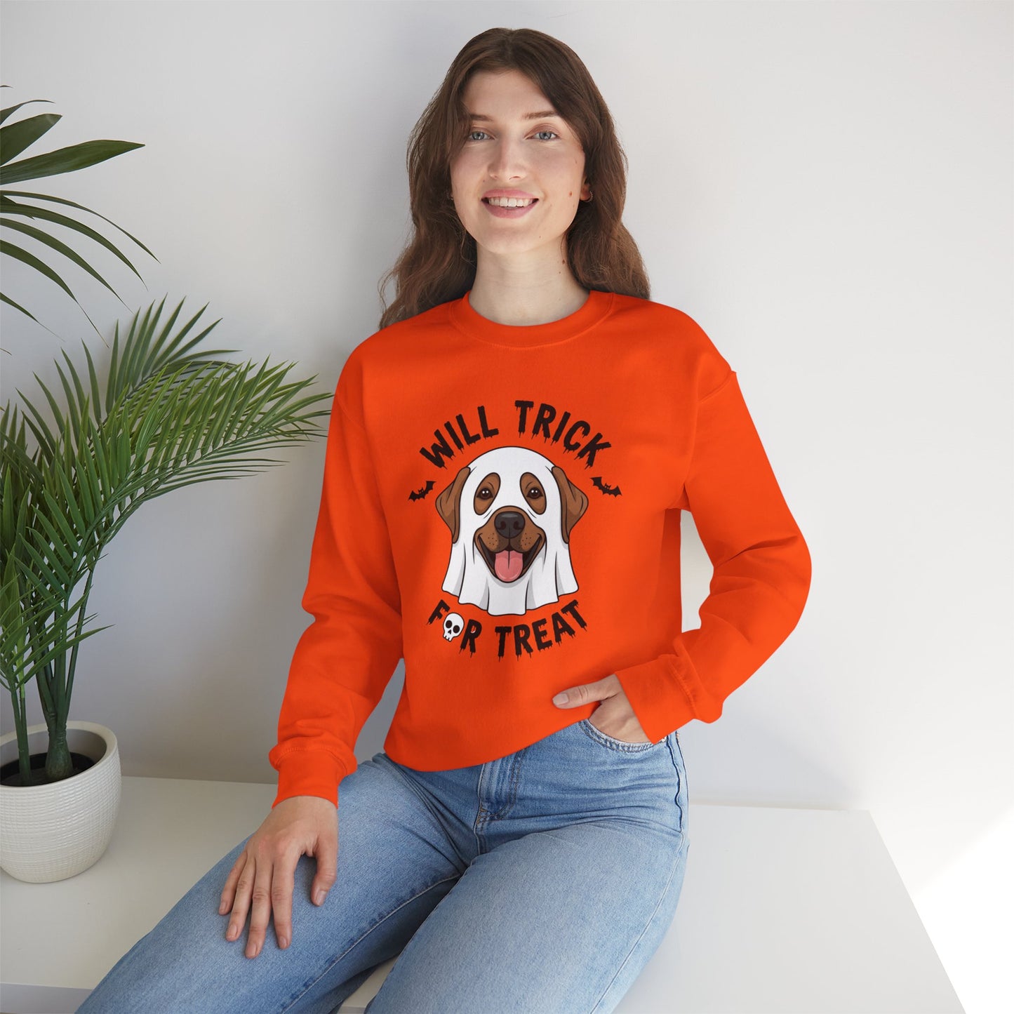 Will Trick for Treat Sweatshirt, Ghost Dog Halloween Crewneck, Funny Pet Costume Graphic Pullover, Trick-or-Treat Dog Lover Gift Sweater