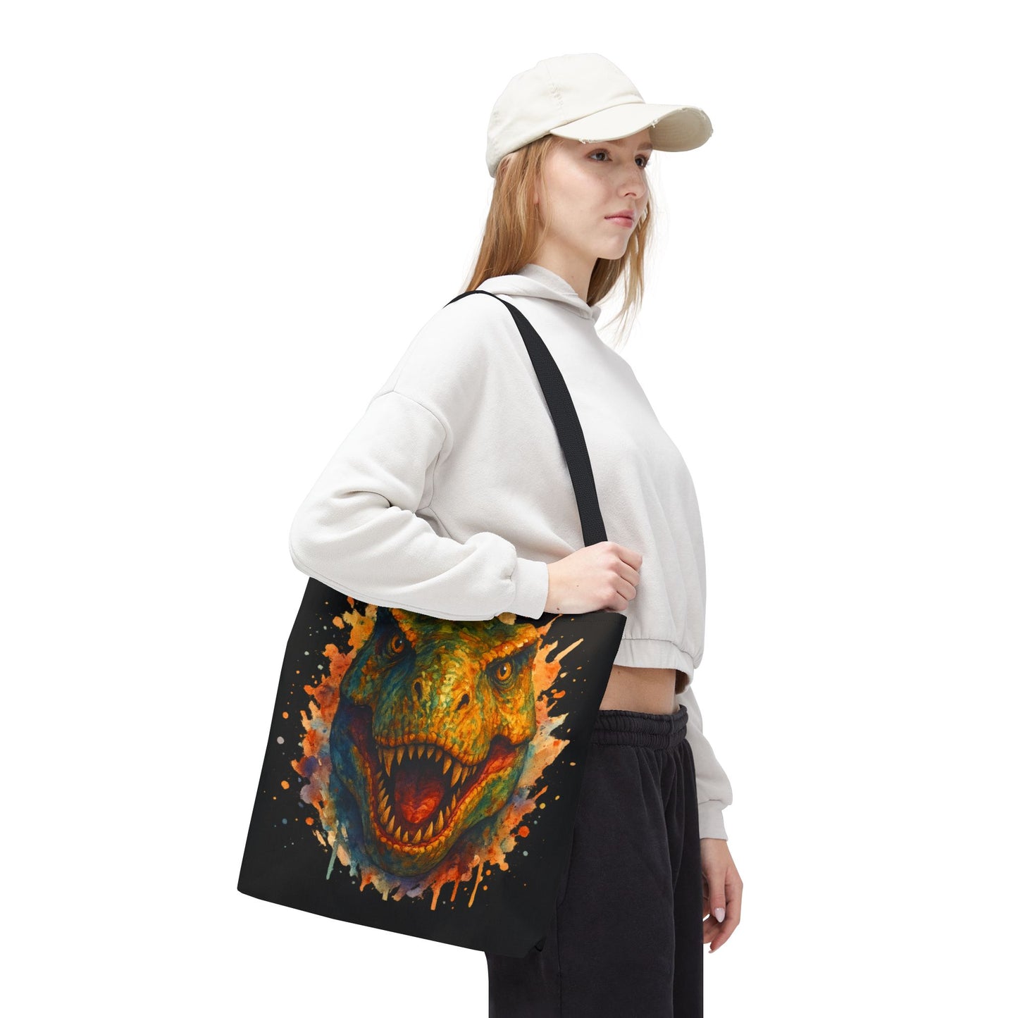 T-Rex Watercolor Tote Bag - 100% Polyester Canvas, Vibrant Dinosaur Art Bag, Reusable Beach-Market Tote, Dino Lover Gift, Bold Style